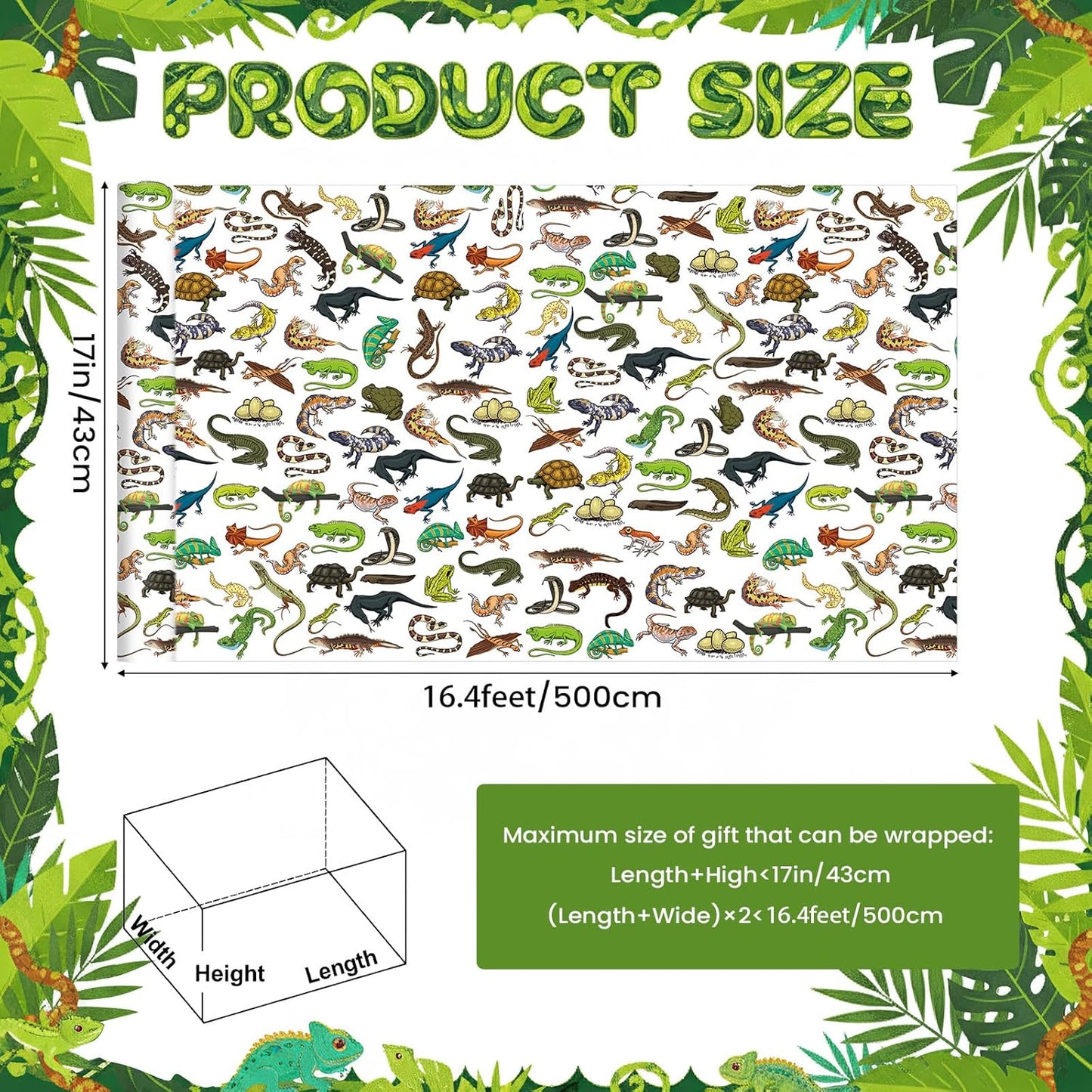 Pineraap Exotic Pet Wrapping Paper Roll - 17Inch x16.4Feet - Leopard Gecko Chameleon Snake Frog Turtle Reptiles Theme Gift Wrap for Reptile Lovers,Birthday Parties,Holiday Gifts