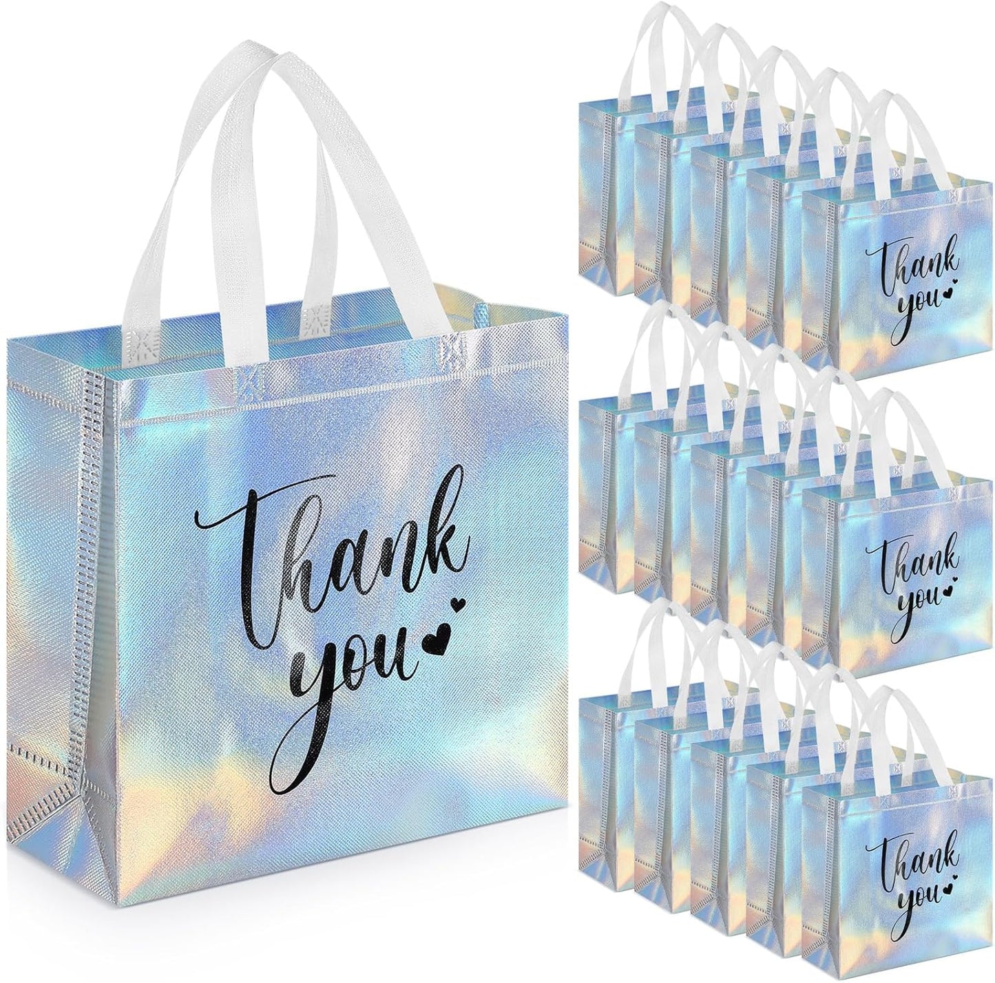 Sweetude 30 Pcs Thank You Gift Bags with Handles Bulk Reusable Goodie Bag Non Woven Foldable Handbag for Graduation Wedding Bridesmaid Gifts (11 x 12 x 5 Inch,Laser)