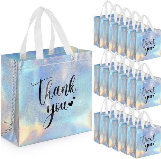 Sweetude 30 Pcs Thank You Gift Bags with Handles Bulk Reusable Goodie Bag Non Woven Foldable Handbag for Graduation Wedding Bridesmaid Gifts (11 x 12 x 5 Inch,Laser)
