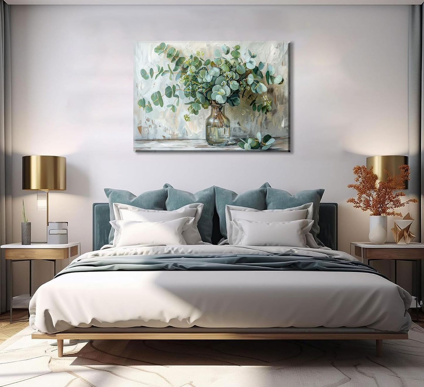 Eucalyptus Flower Glass Vase Canvas Wall Art Bathroom Wall Decor Vintage Farmhouse Botanical Posters Painting Rustic Mason Jar Flower Arrangement Pictures Print for Bathroom Bedroom Decoration Framed