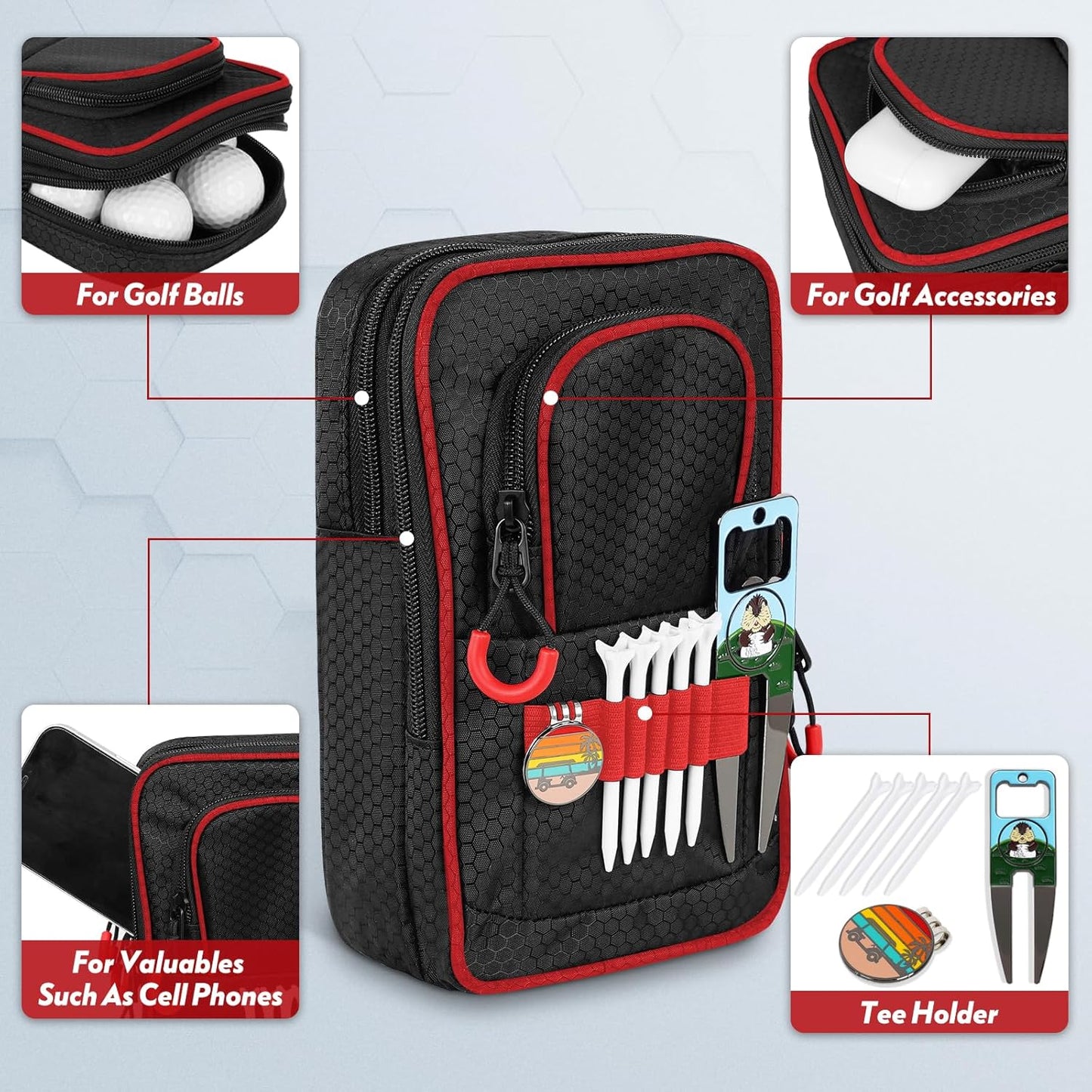 mytag Golf Ball Bag Pouch | Store 12-15 Balls, Golf Valuables Pouch Portable Outfit Organizer Bag Organizer Case Multipocket (Red/Black)