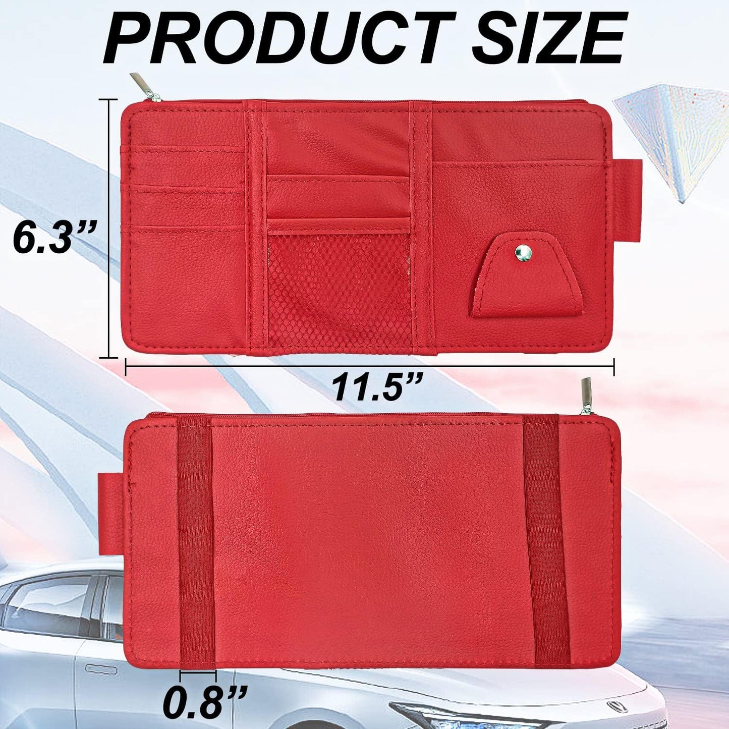 Keedolla Car Sun Visor Organizer with Multi-Pocket Net Zipper, Truck Visor Organizer Storage Pouch Holder for Cards, Pens, Sunglasses, CD Holder - Red