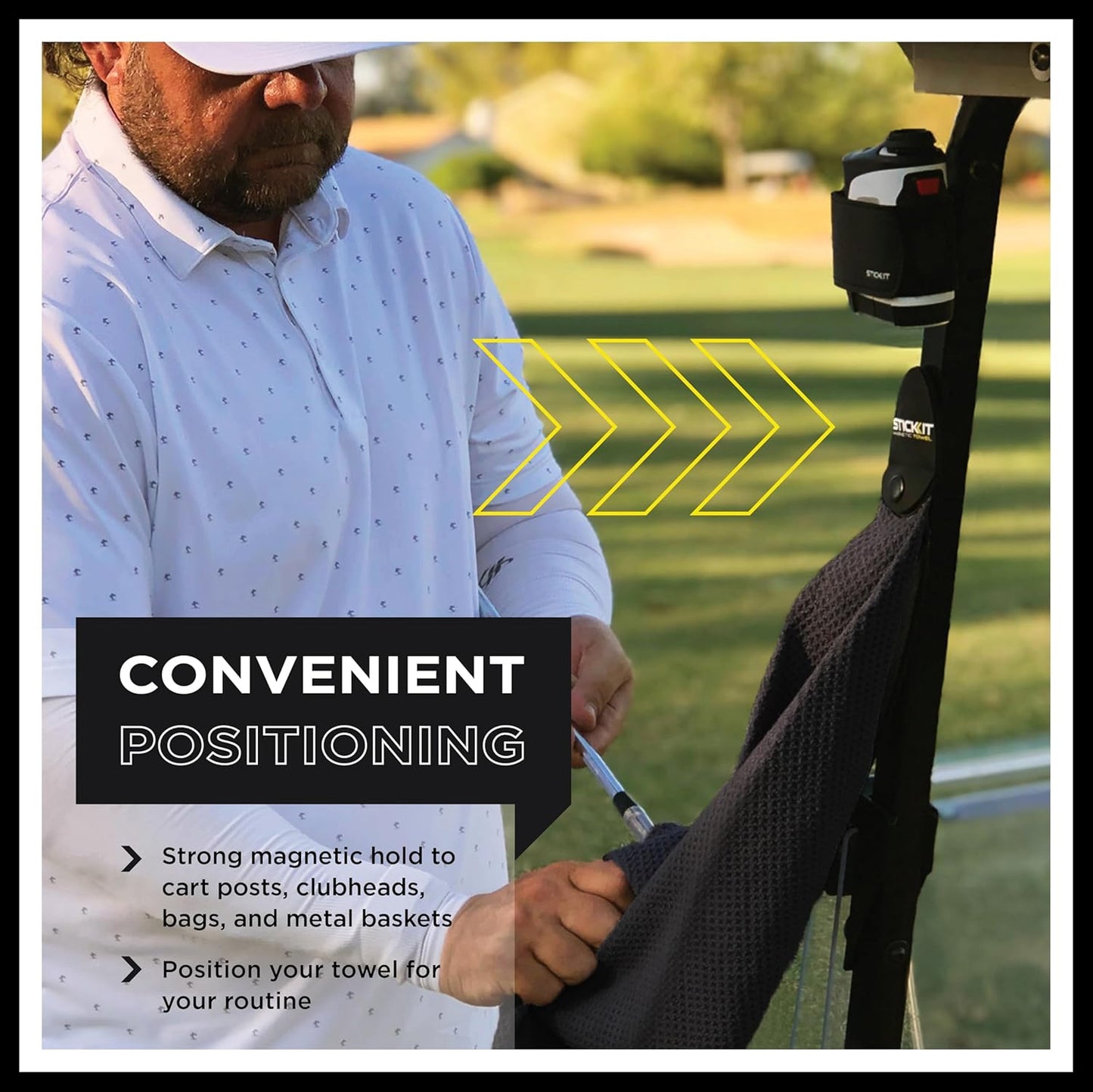 STICKIT Magnetic Towel, Black | Top-Tier Microfiber Golf Towel with Deep Waffle Pockets | Industrial Strength Magnet for Strong Hold to Golf Carts or Clubs