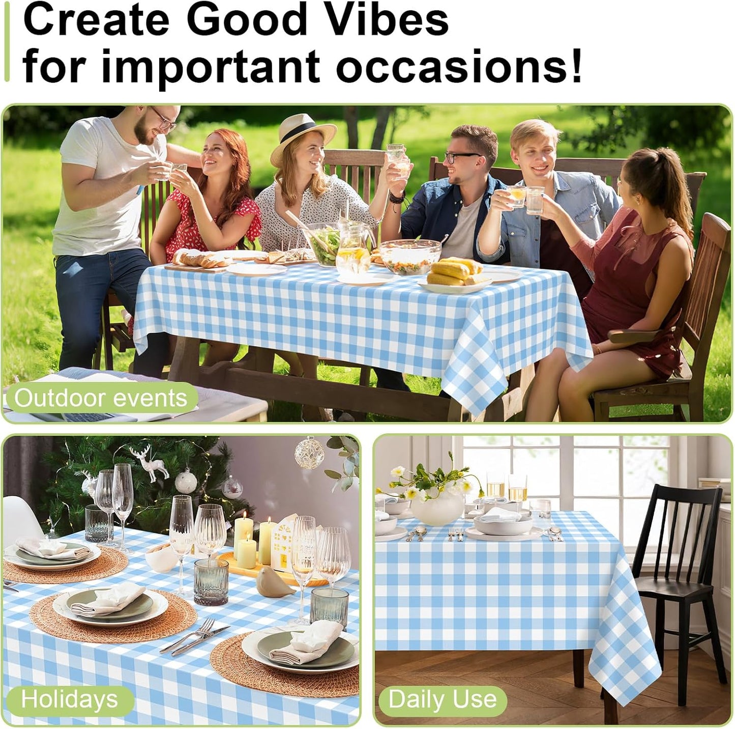 QIKSION Blue Gingham Tablecloth Disposable 2 Pack, 54 x 108 Inch Blue and White Checkered Table Cloth for Rectangle Tables, Plastic Table Cover