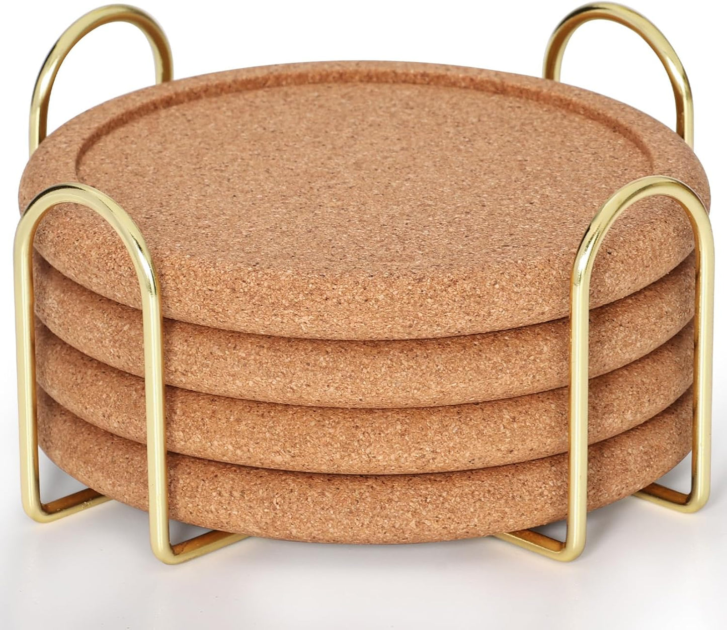 Cork Coasters for Drinks with Metal Holder, GOH DODD Absorbent Blank Coasters Tabletop Protection Home Decor for Housewarming Gifts Wedding Laser Engraving Wood Burning, Set of 4, Round, 4 Inch