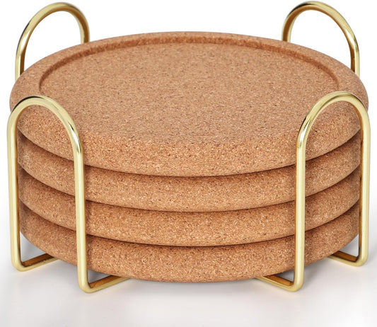 Cork Coasters for Drinks with Metal Holder, GOH DODD Absorbent Blank Coasters Tabletop Protection Home Decor for Housewarming Gifts Wedding Laser Engraving Wood Burning, Set of 4, Round, 4 Inch