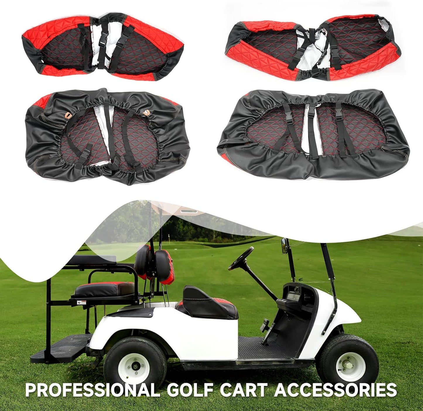 XUANYUDG0769 Golf Cart Front and Rear Seat Covers for EZGO TXT/RXV Club Car DS/Precedent Yamaha G29, Vinyl Leather Made/Adjustable Straps and Retractable Buckle/No Stapler Required,4PCS