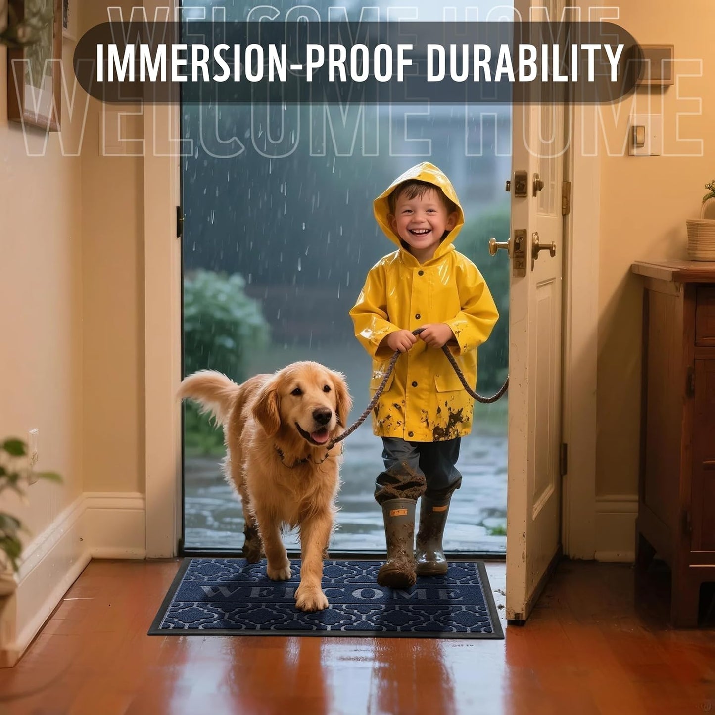 Yimobra Welcome Mat Outdoor Indoor, All-Season Waterproof Front Door Mat Outside Entrance, All-Weather Heavy Duty Non-Slip Doormat, Low Profile Porch Patio Entrance Mats, 47x24, Blue