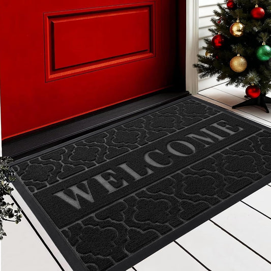 Yimobra Welcome Mat Outdoor Indoor 29.5x17, All-Weather Waterproof Front Door Mat Outside Entrance, Non-Slip Low Profile Porch Patio Doormat, Black