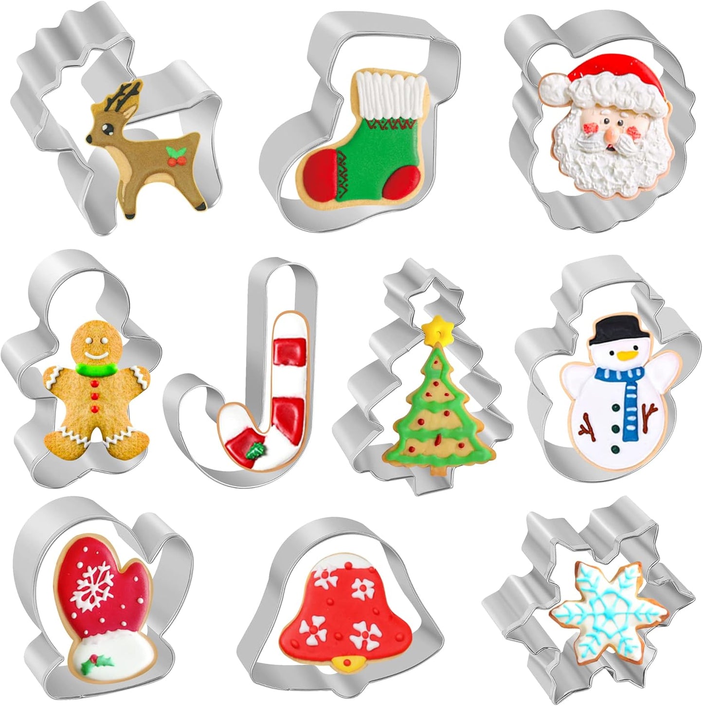 Christmas Cookie Cutters, 10 pieces Large Metal Cookie Cutters Shape - Gingerbread Man, Snowflake, Snowman, Christmas Tree, Bell, Reindeer & More for Holiday, Stainless Steel