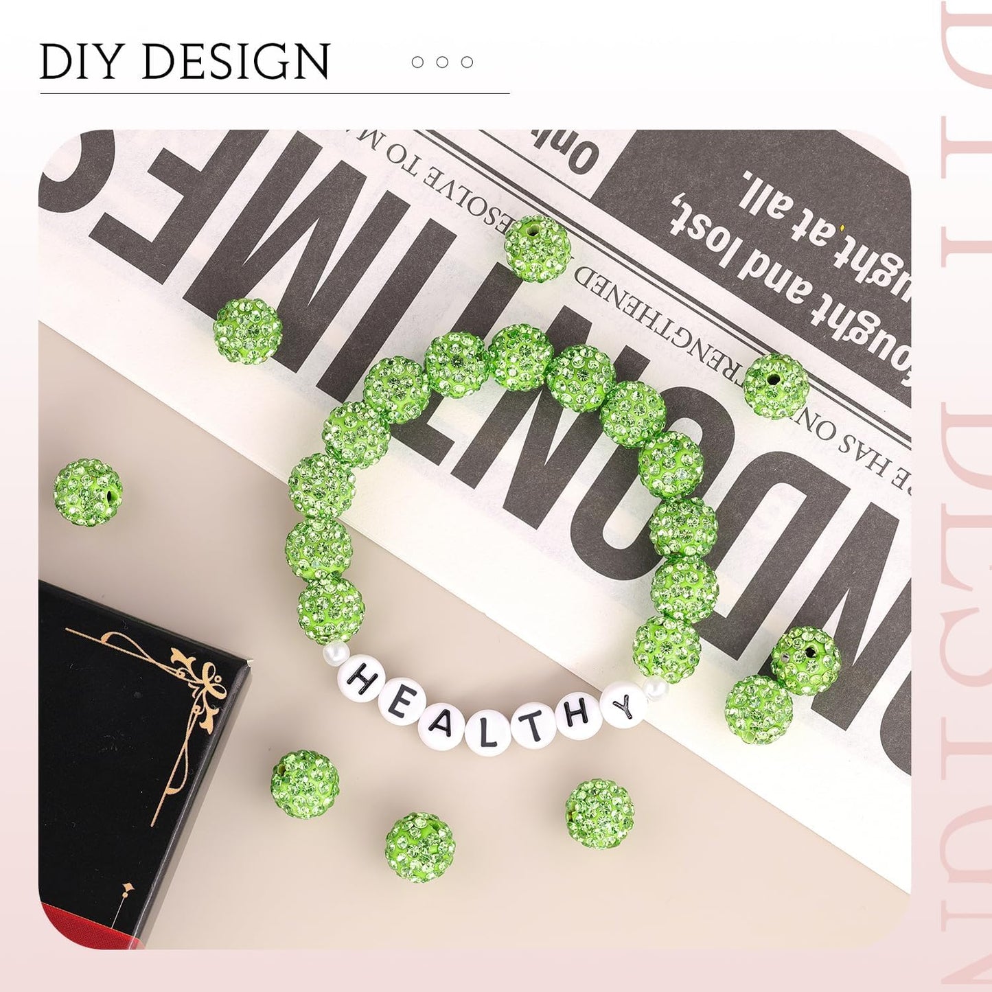 100 pcs 10mm Rhinestone Beads for Jewelry Making, Light Green Shiny Round Shamballa Disco Beads Bulk, Sparkle Crystal Clay Christmas for Bracelet Baseball Necklace Earring Crafting and DIY