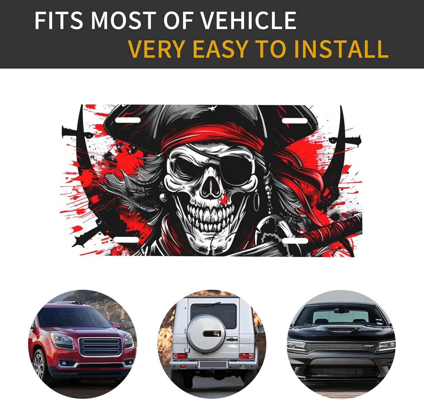 Front License Plate for Car Designs Red Black Skull Pirate Stainless License Plate Cover Holder for Men Women Metal Aluminum Decorative Accessory Vanity Tag Standard 6 X 12 Inch (4 Holes)
