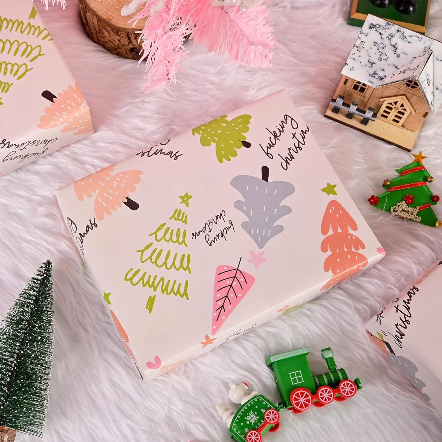 Dtiafu Funny Christmas Tree Wrapping Paper Fuxking Christmas Gift Wrap Paper Bulk Folded Flat Inappropriate Words for Women Men Adult Grandma Holiday Birthday (6 Pack)