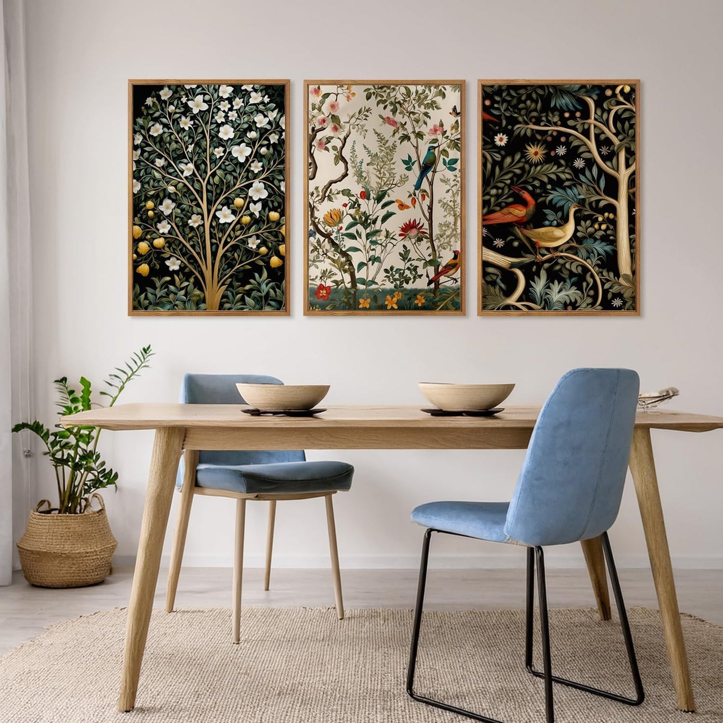 MTFBWY Vintage Botanical Wall Art Set of 3 – Framed Bird and Flower Canvas Modern Art Prints, Nature Tree Triptych Painting, Whimsical Gallery Wall Decor for Living Room Bedroom Office, 16L x 12W