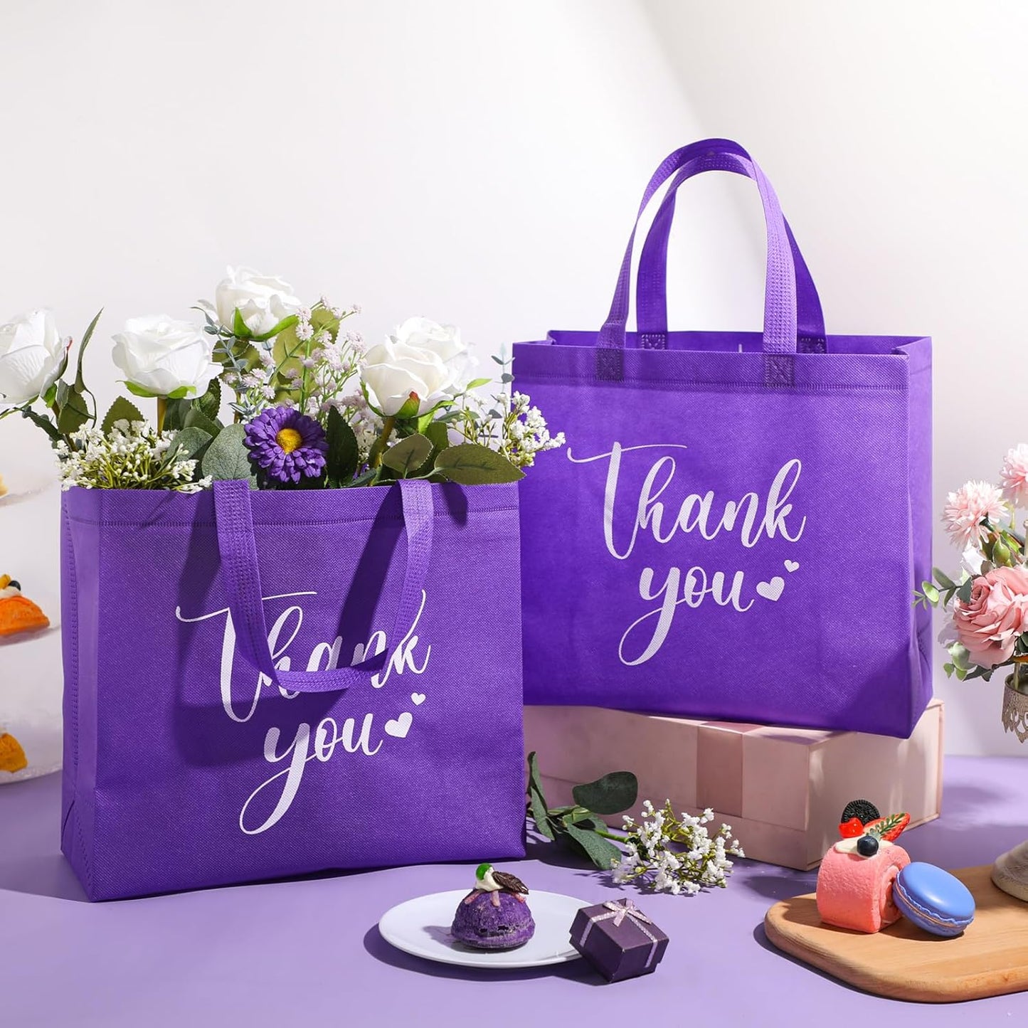 Sweetude 30 Pcs Thank You Gift Bags with Handles Bulk Reusable Goodie Bag Non Woven Foldable Handbag for Graduation Wedding Bridesmaid Gifts(11 x 12 x 5 Inch,Dark Purple)(11 x 12 x 5 Inch,Dark Purple)
