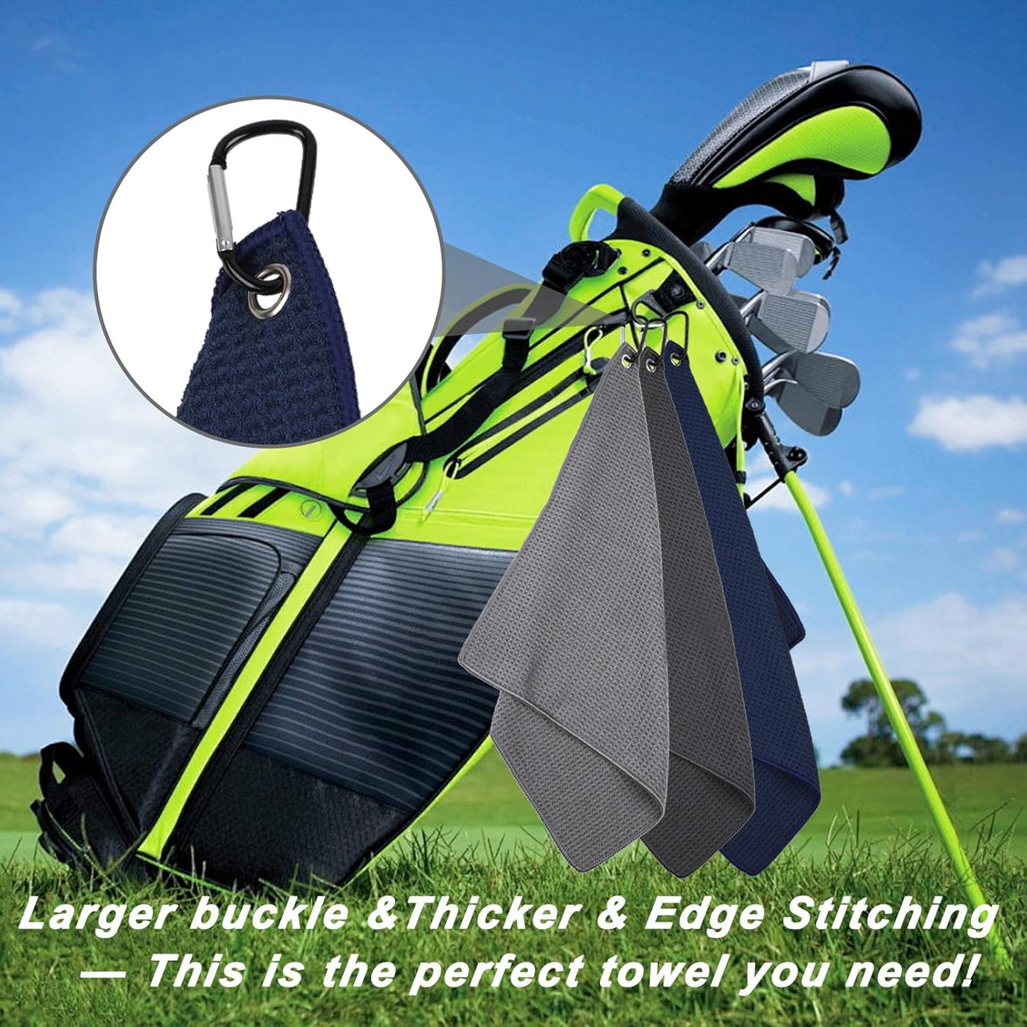 3 Pack 16" x 16" Golf Towels, Premium Waffle-Pattern Microfiber Golf Towels with Carabiner Clip, Super Absorbent, Sand Resistant, Wear Resistant, Black-Blue-Gray Colors