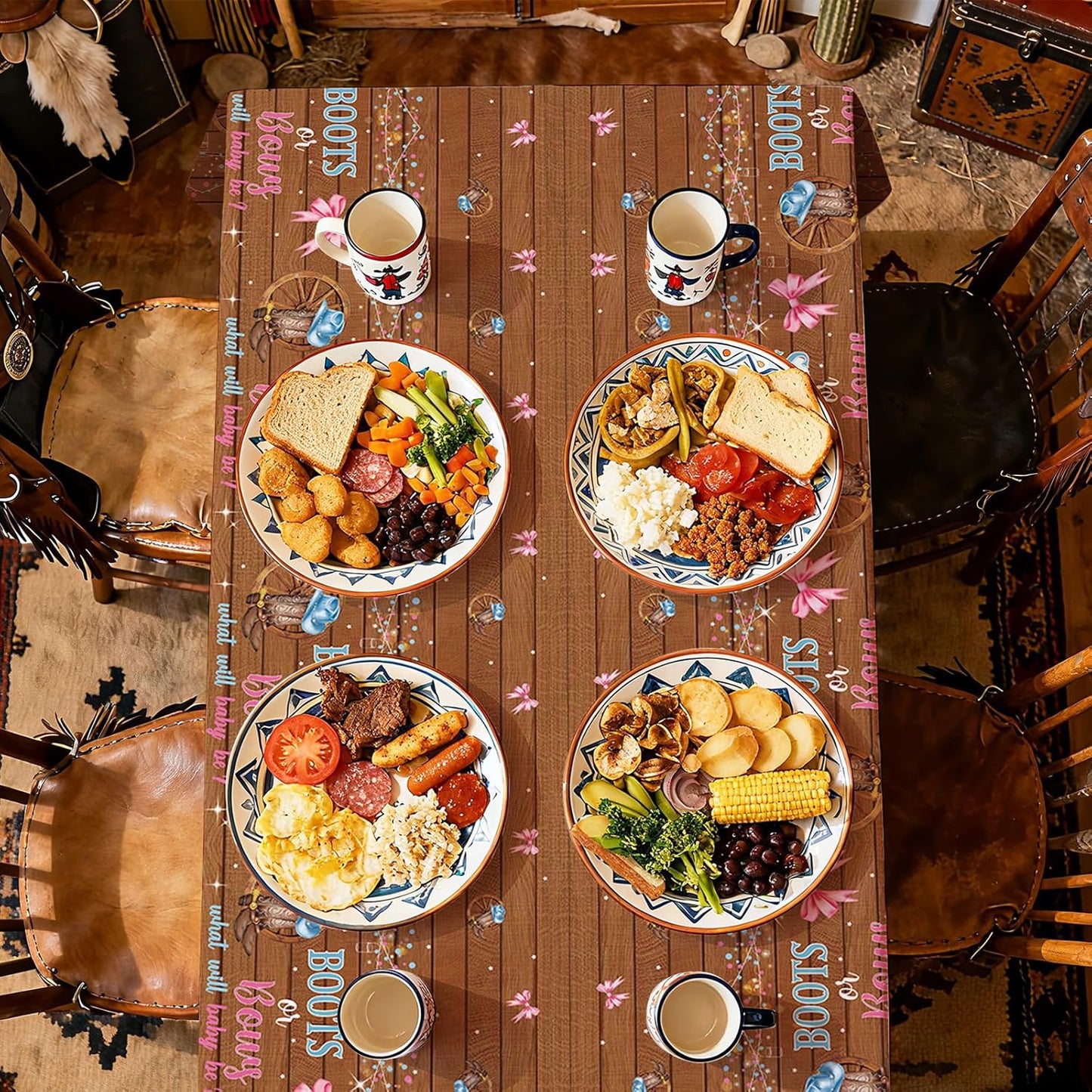 3Pcs Boots or Bows Gender Reveal Tablecloth What Will Baby Be He or She Table Cover Plastic Rectangle Blue or Pink Table Cloth for Western Cowgirl Cowboys Gender Reveal Party Supplies 54" x 108"