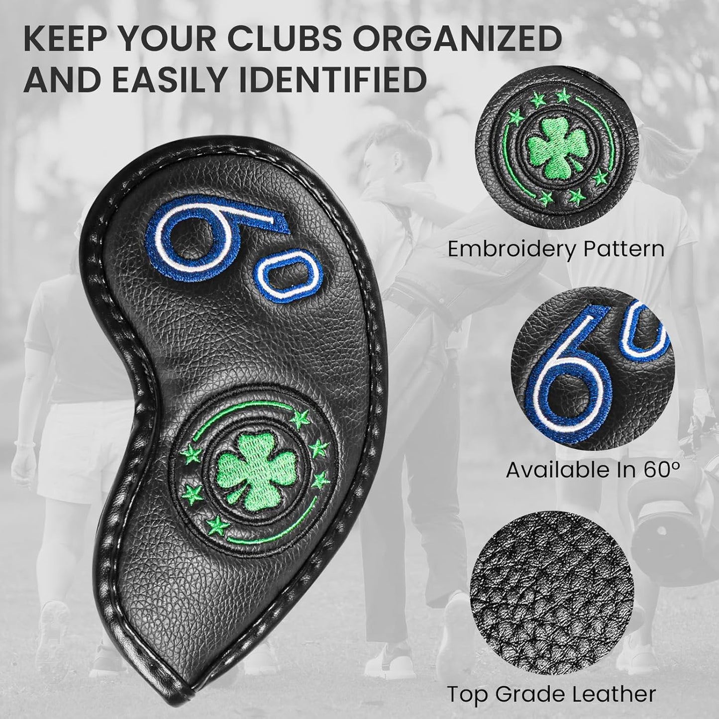 Golf Iron Wedge Head Covers 52° 54° 56° 60° 1 or 4 Pack, Synthetic Leather Clover USA Flag Design Club Head Protection, Universal Headcover Fit Iron Clubs for Men Women