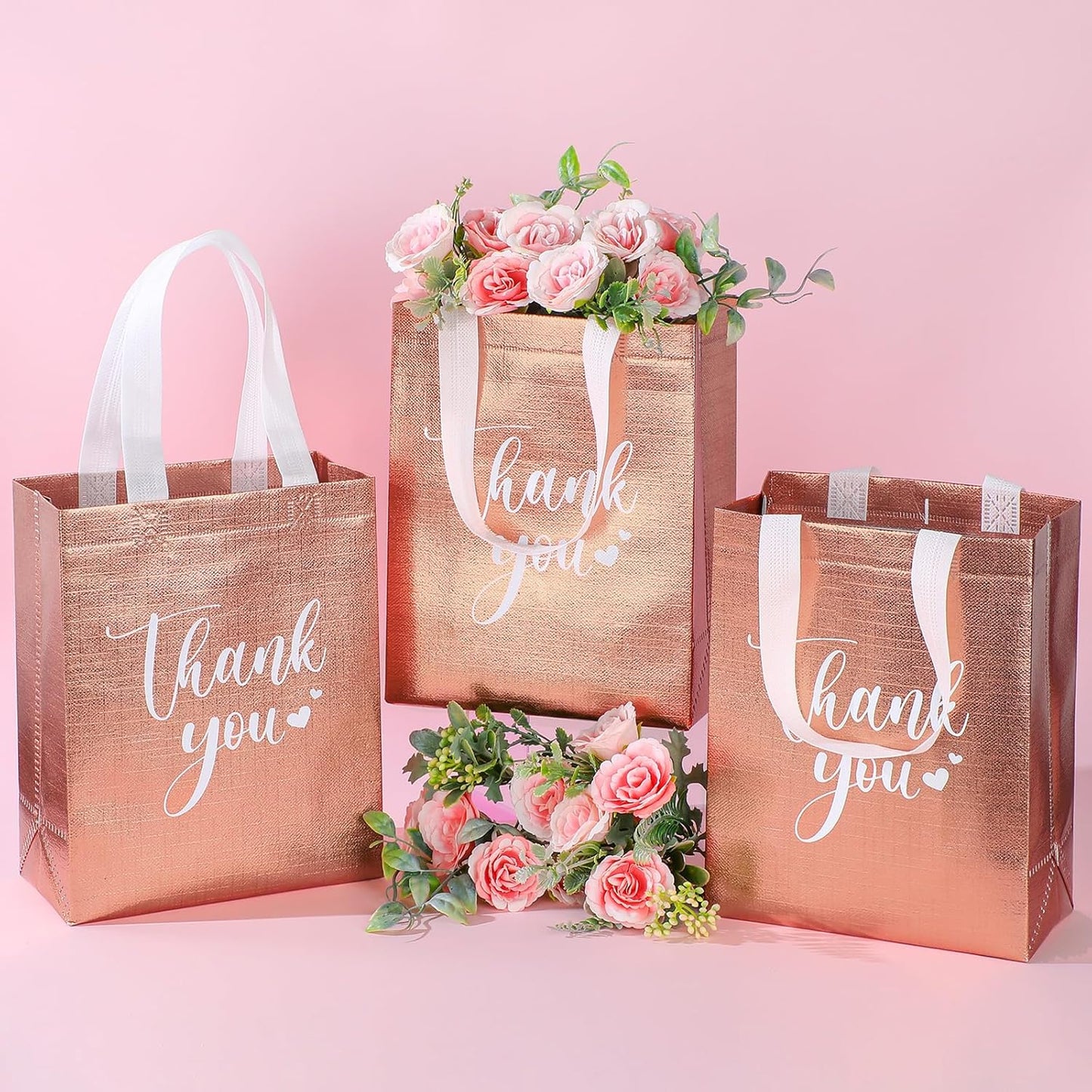 Sweetude 30 Pcs Thank You Gift Bags with Handles Bulk Reusable Goodie Bag Non Woven Foldable Handbag for Graduation Wedding Bridesmaid Gifts(10 x 8 x 4 Inch,Rose Gold)