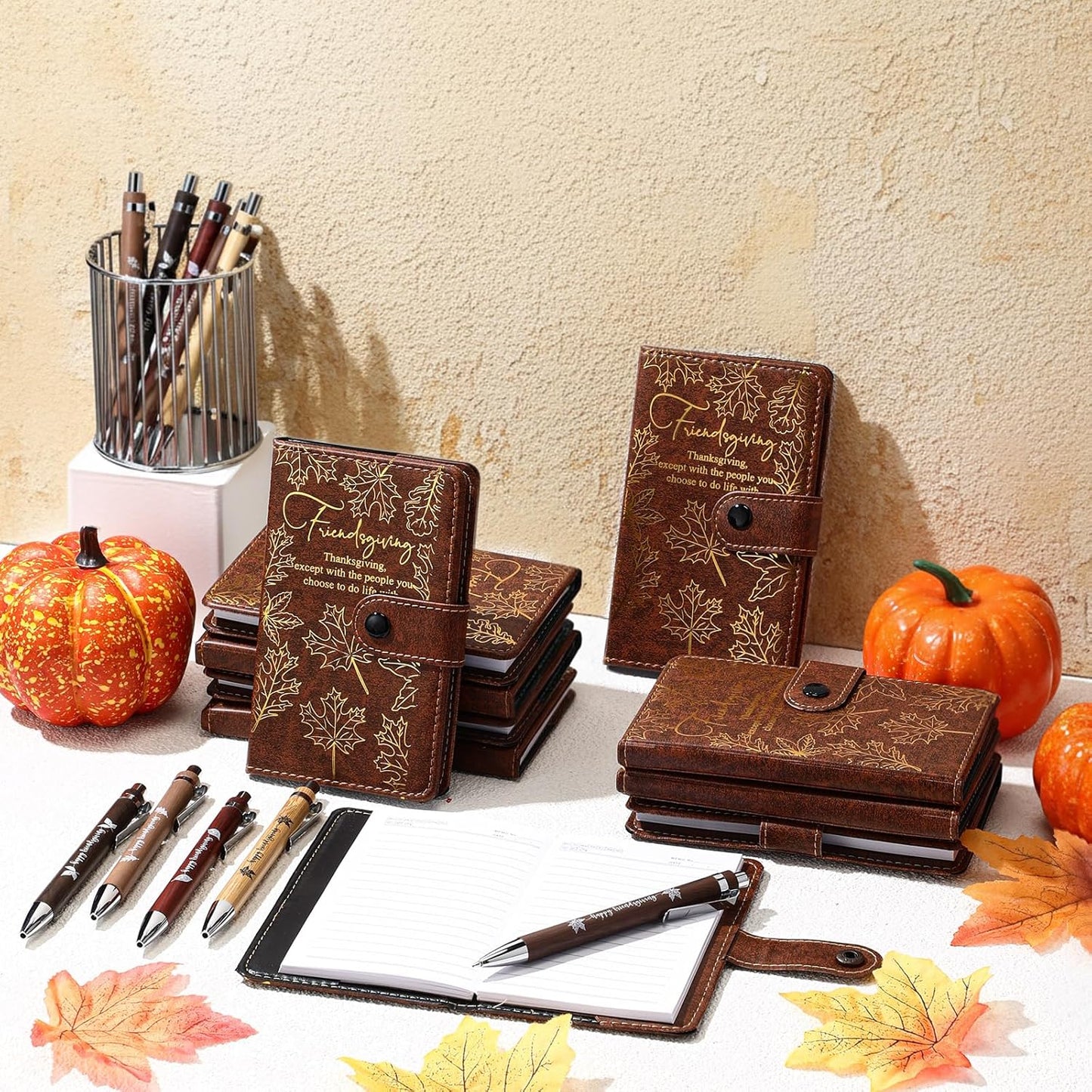 10 Sets/20 Pcs Friendsgiving Gift Bulk Thanksgiving Notebooks Maple Leaf A6 Leather Journals with Bamboo Pens Friendsgiving Party Favors Christmas Sisterhood Gift for Women Friends Bestie Sorority