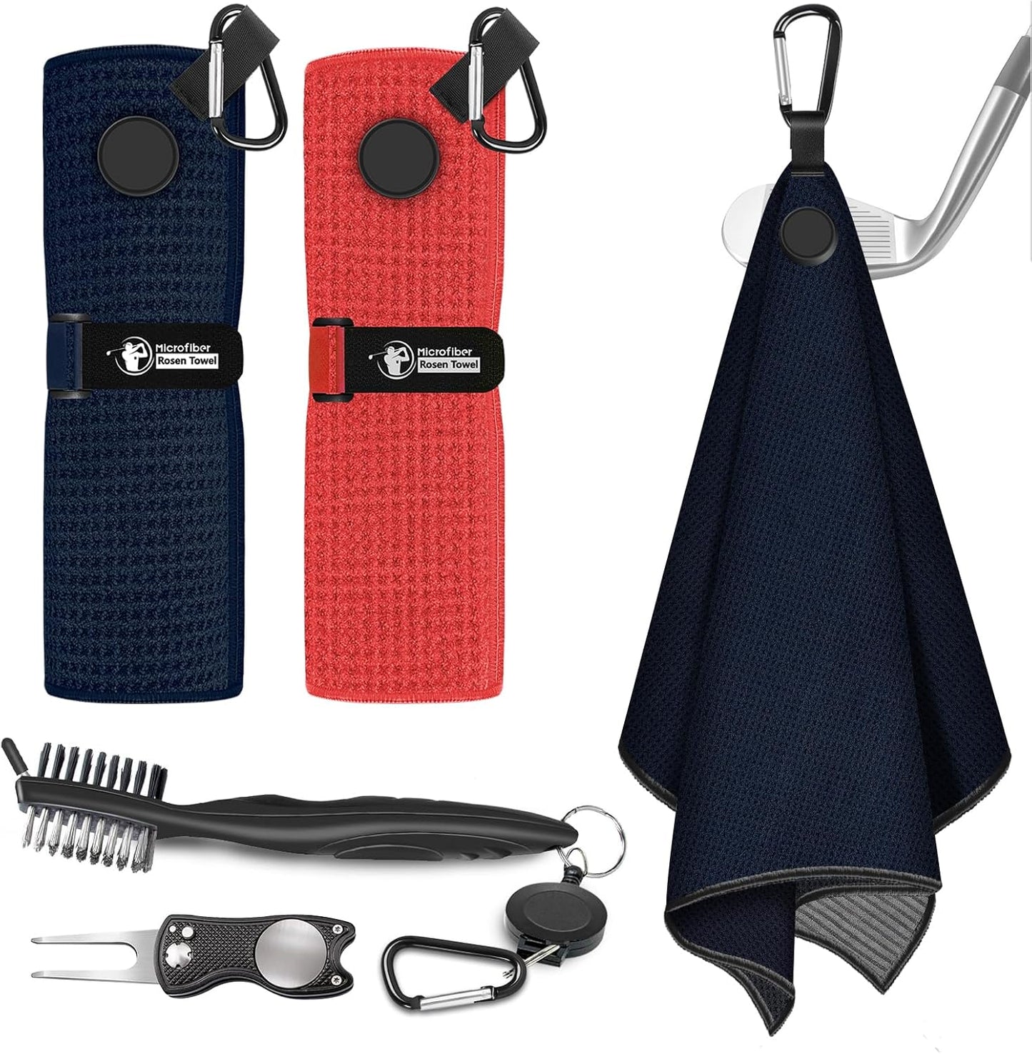 2 PCS Magnetic Golf Towels with Brush and Divot Tool, Microfiber Golf Towel with Wire Cleaning Cloth for Men, Industrial Strength Magnet for Strong Hold to Golf Bags, Carts or Clubs (Black Red)