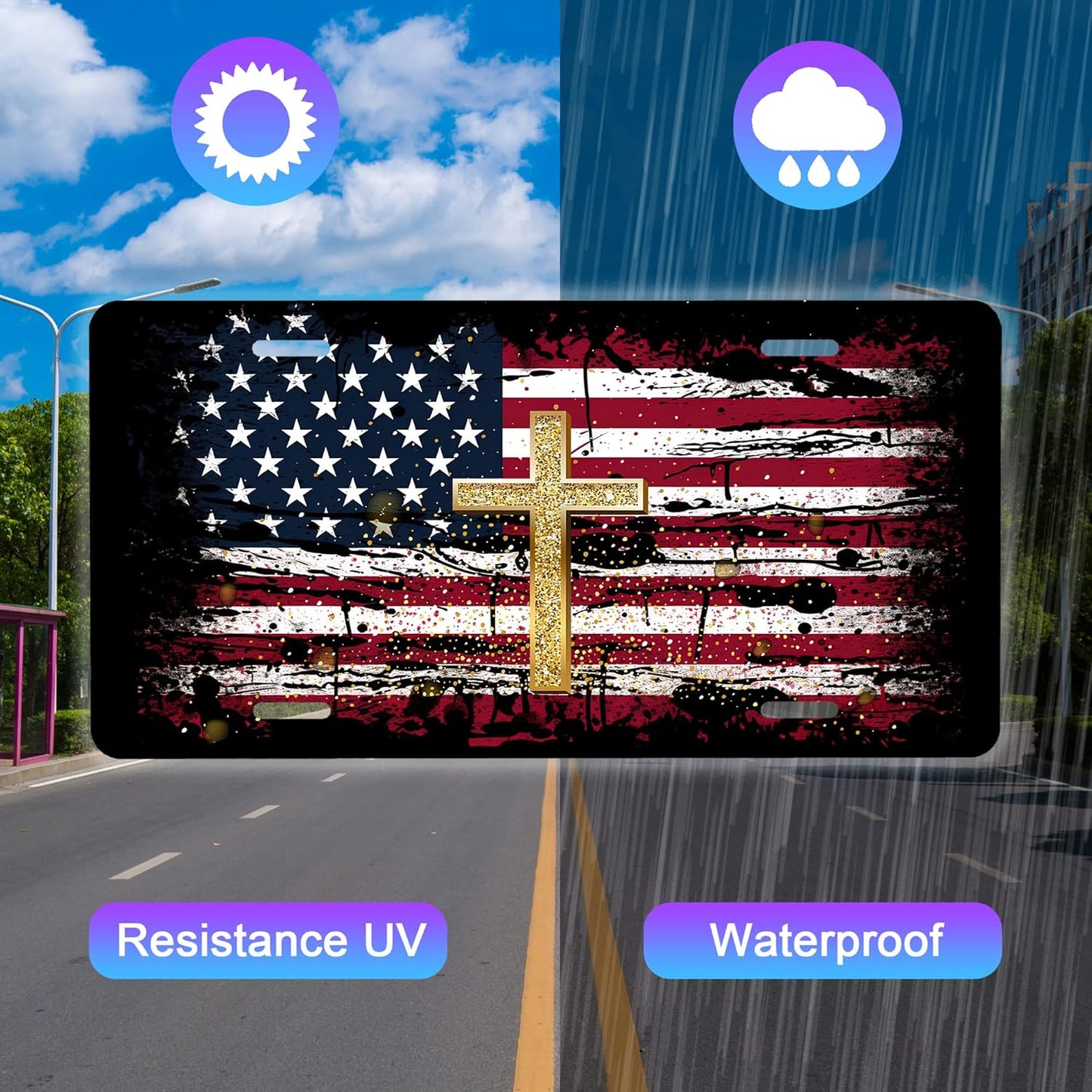 License Plate,American Flag Jesus Cross License Plates Decorative Car Front License Plates,Vanity Tag,Metal Car Plate,Aluminum Novelty License Plate,6 X 12 Inch (4 Holes)