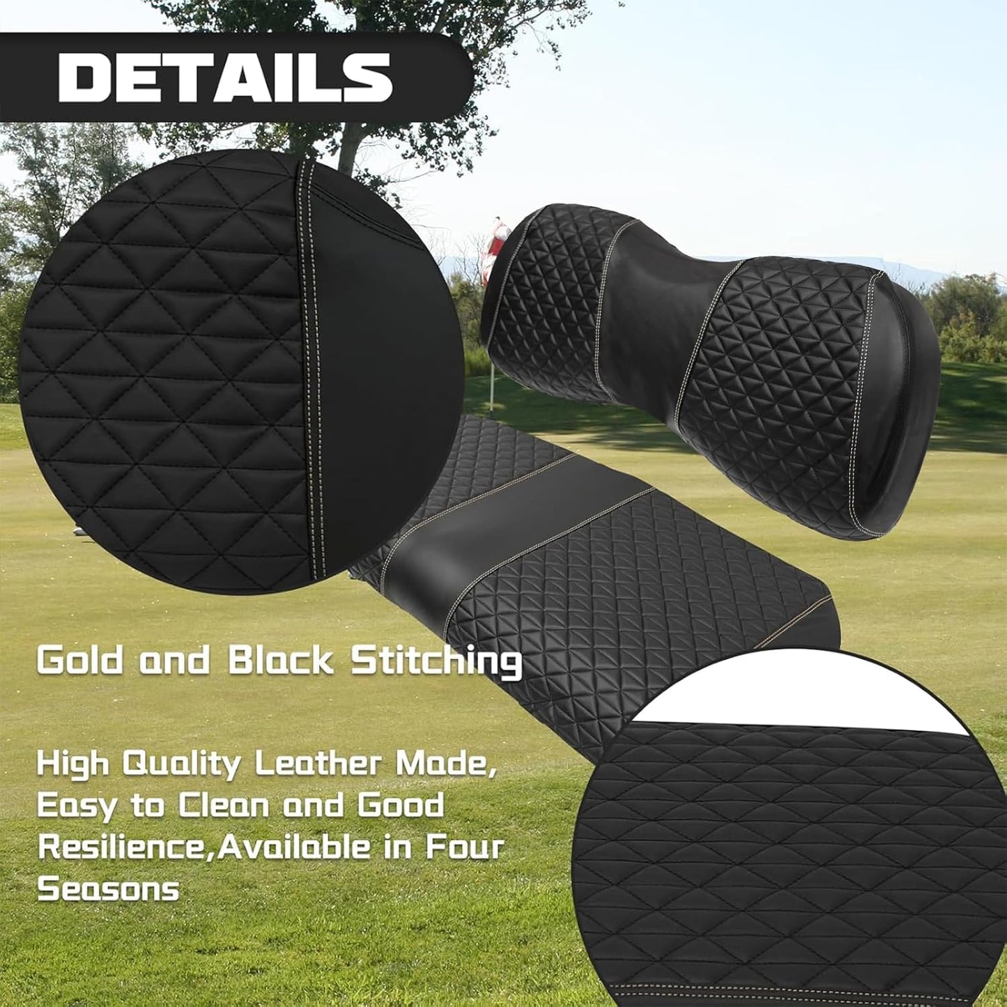 XUANYUDG0769 Golf Cart Front and Rear Seat Covers for EZGO TXT/RXV Club Car DS/Precedent Yamaha G29, Vinyl Leather Made/Adjustable Straps and Retractable Buckle/No Stapler Required,4PCS