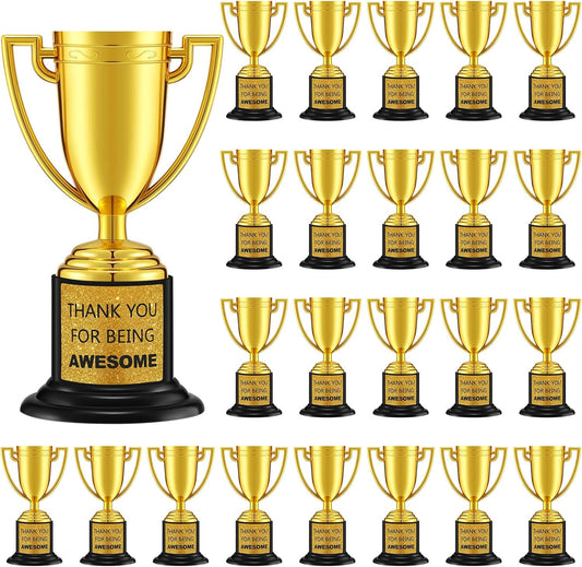 Highergo 24 Pcs Mini Trophies Awards Plastic Gold Trophy Cups Party Favors Adults Metal Trophy with Stickers for School Football Golf Sports Competition Staff Reward Appreciation Gifts
