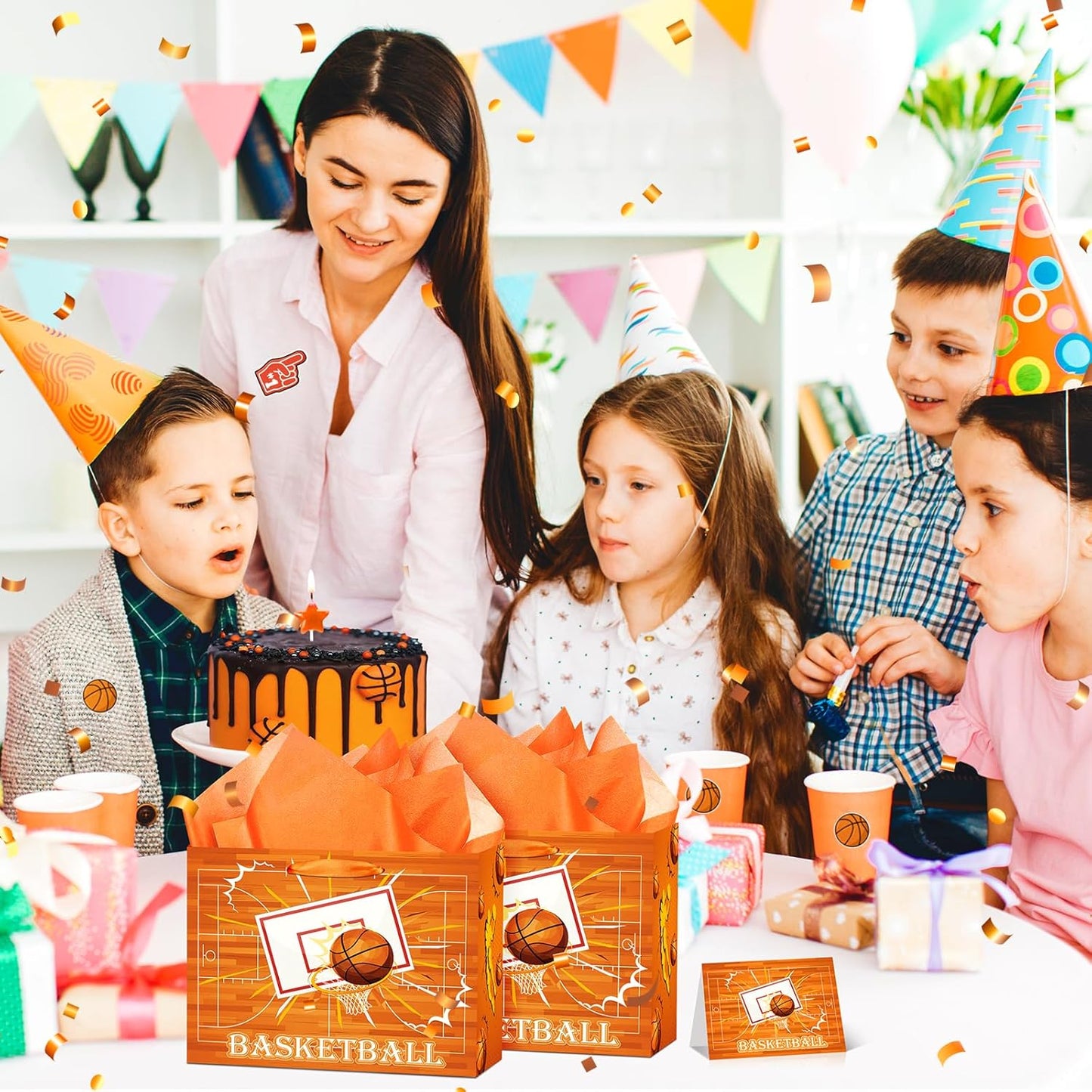 Basketball Party Gift Bag, Basketball Gift Wrap Bag with Tissue Paper and Card Decorations for Sport Party Favor Basketball Birthday Goodie Gifts Treat Candy Wrapping Bags for Kids Adult Team Supplies