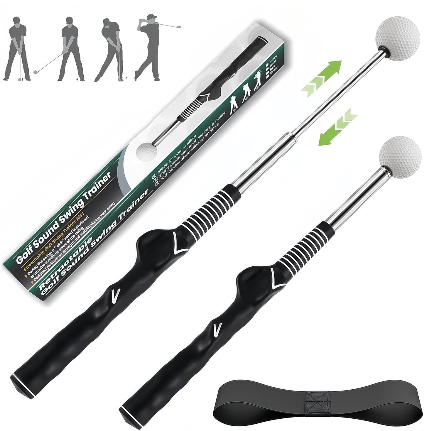 IEKEODI Retractable Golf Swing Trainer, Golf Grip Trainer and Right-Handed Golf Training Aid for Chipping Hitting, Ideal Golf Swing Training Aid with Arm Band for Indoor & Outdoor Use(Black)