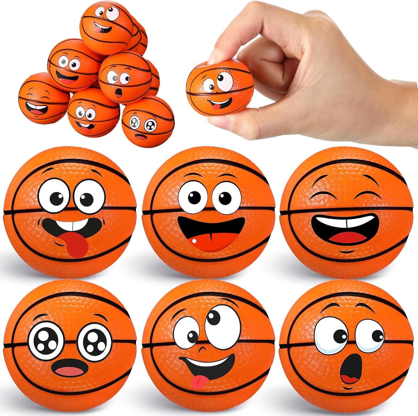 12 Pcs Mini Face Stress Balls for Boys Girls Sport Funny Face Squeeze Foam Balls for Stress and Anxiety Relief for Party Favors Birthday Gift Decoration(Basketball)