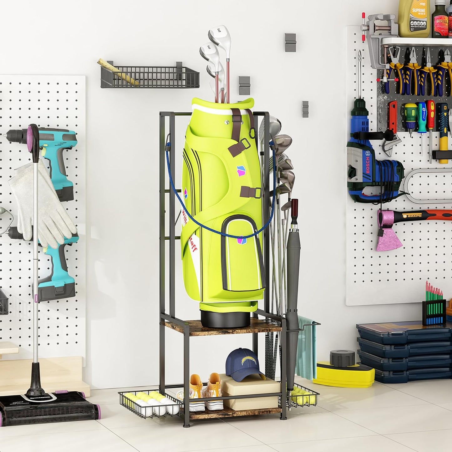 GILLAS Golf Bag Storage Garage Organizer, Golf Bag Stand Fit for 2 Golf Bags, Golf Equipment Accessories, Golf Bag Storage Rack with Wheels for Garage, Club, Shed, Basement