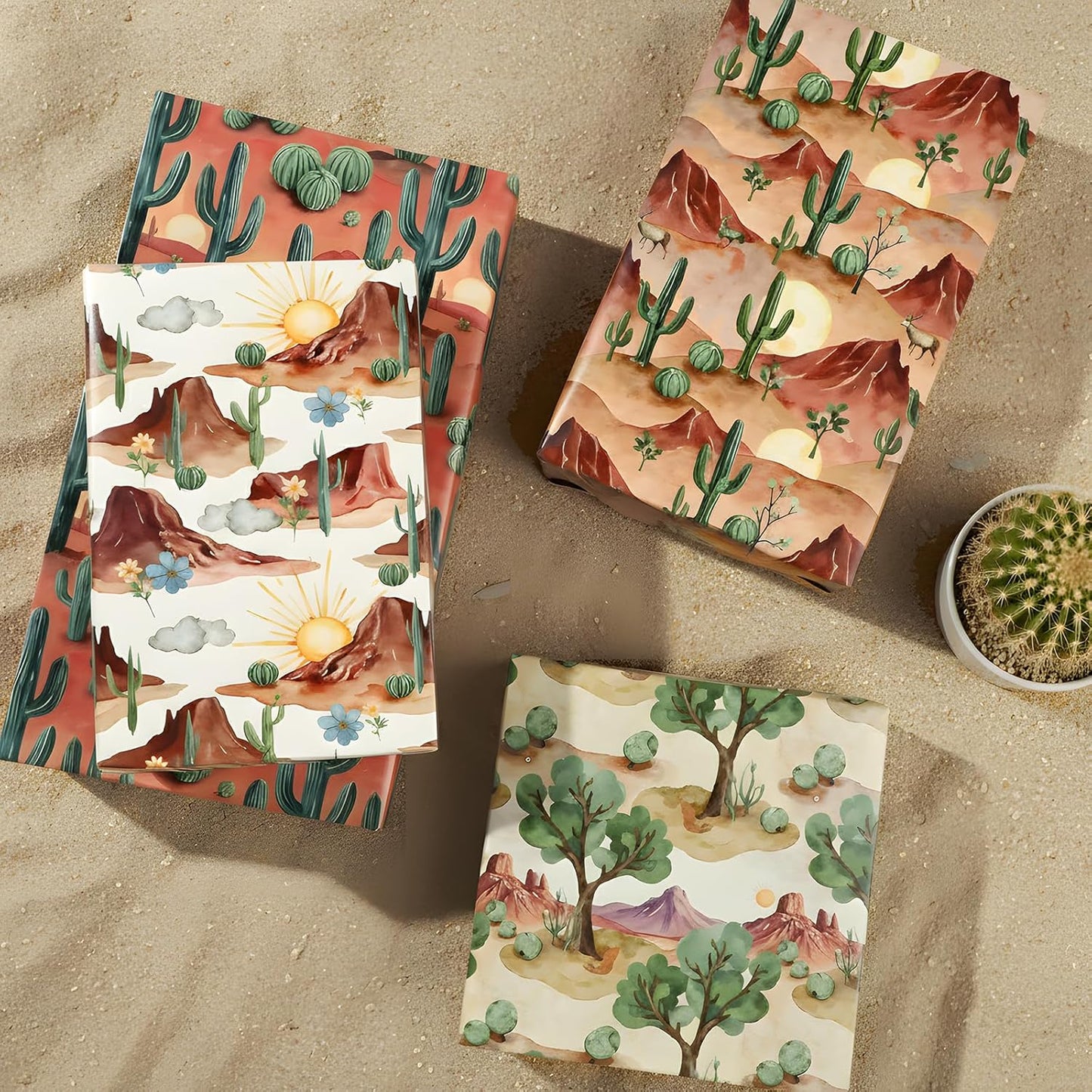 Pineraap Desert Wrapping Paper 12 Sheets Cactus Weatern Design Gift Wrap for Birthday,Holiday,20"×28"