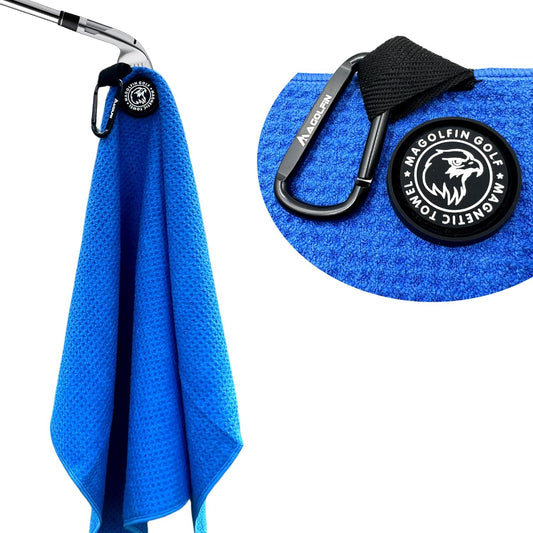 Magnetic Golf Towel with Clip, Microfiber Waffle Design - Industrial Strength Magnet for Strong Hold to Golf Bags, Carts & Clubs - Blue