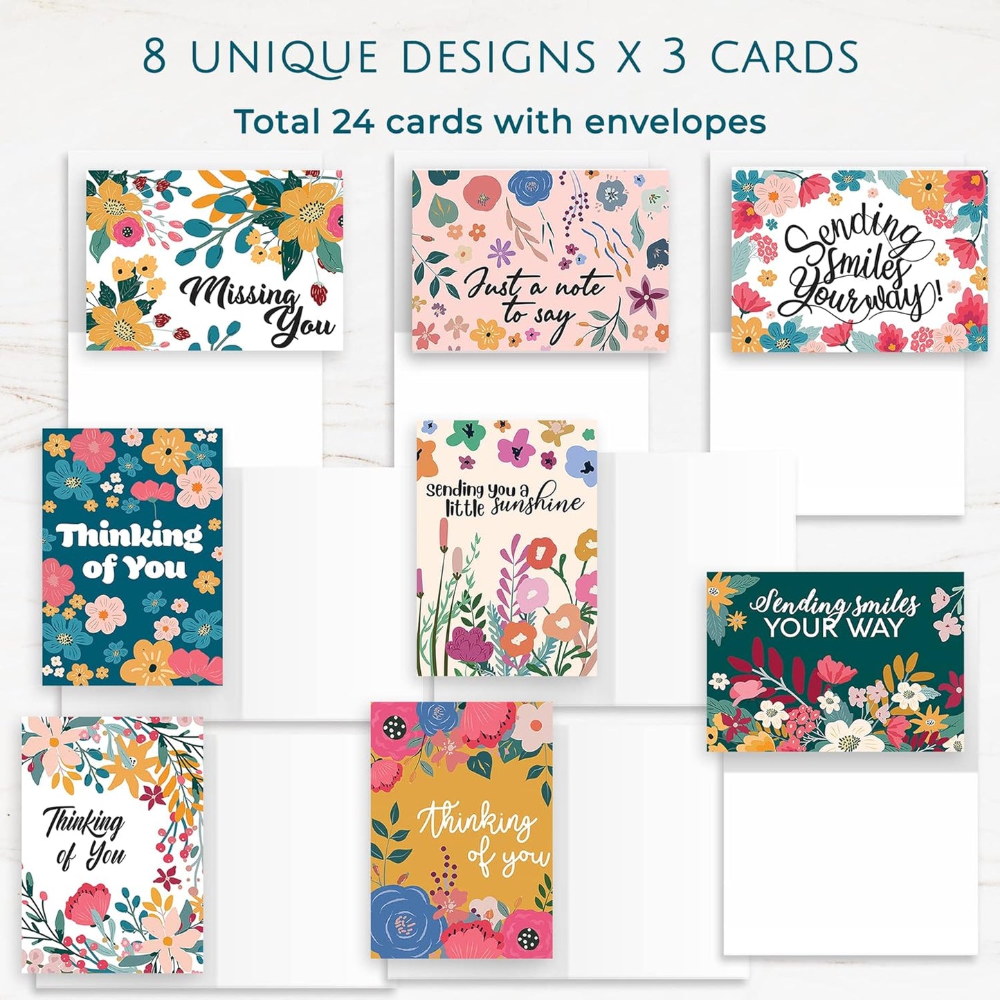 Thinking of You Cards with Envelopes - 24 Gender Neutral Thinking of You Cards with 8 Unique Designs - Unfolded 8.3 x 5.8 Folded 4.1 x 5.8 Greeting Cards Thinking of You (Colorful)