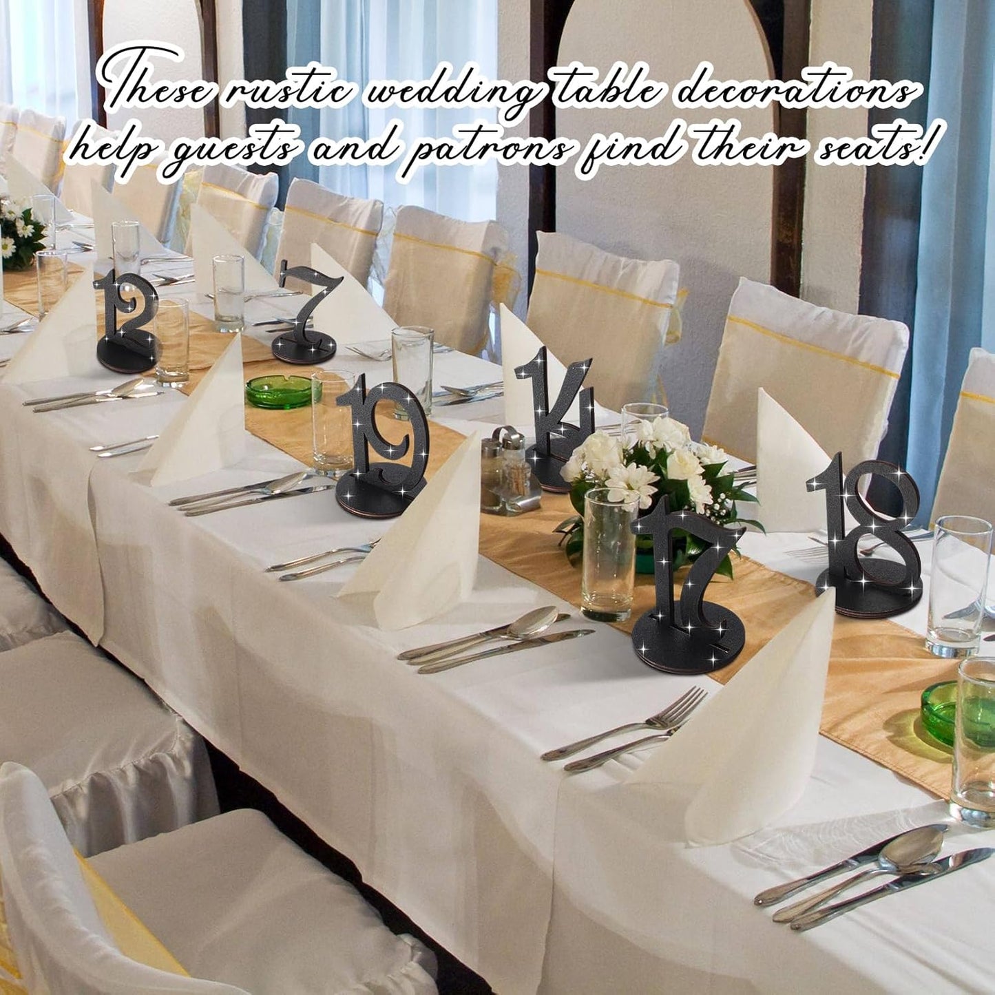 Glitter Table Numbers 1-25 Wooden Table Numbers for Wedding Reception Standing Seat Place Cards with Holder Base for Wedding Party Event Catering Receptions Banquets(Black)