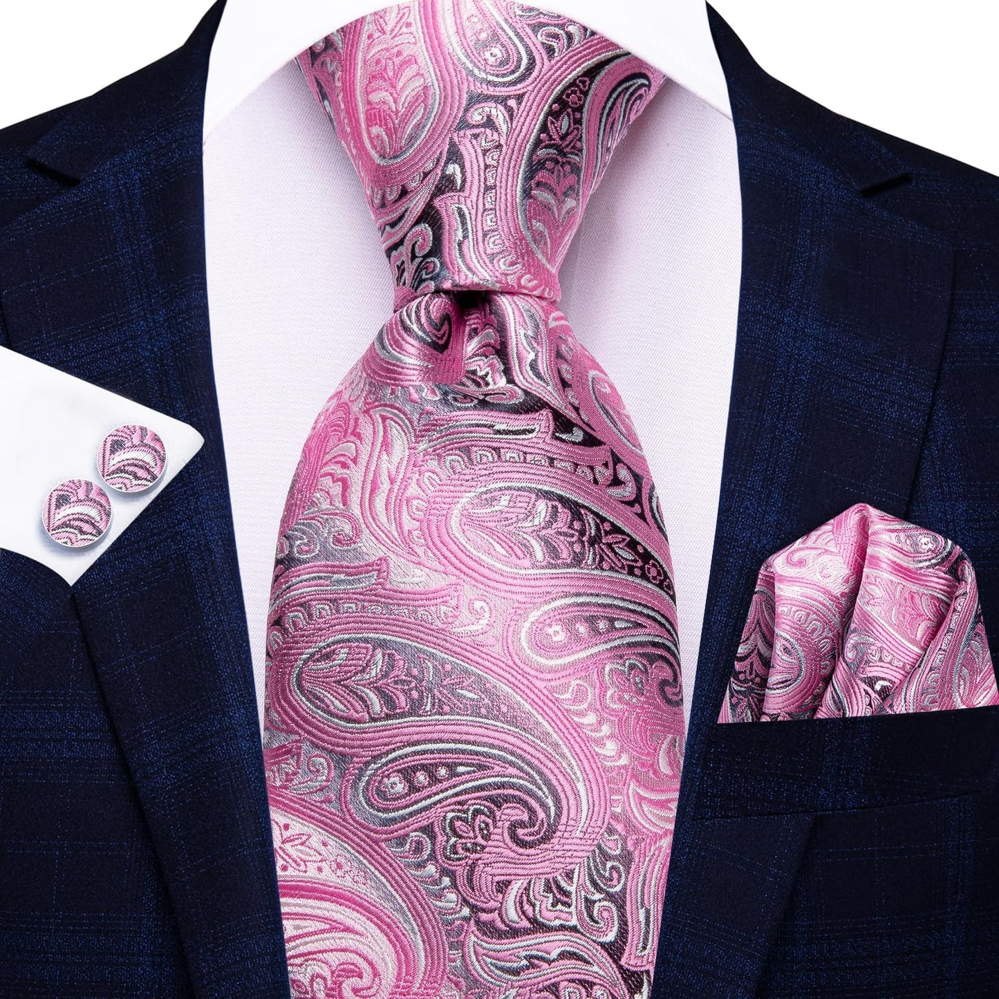 Hi-Tie Men 63inches Tie Set Extra Long Necktie Paisley Tie Pocket Suqare Cufflinks Big and Tall Men Tie