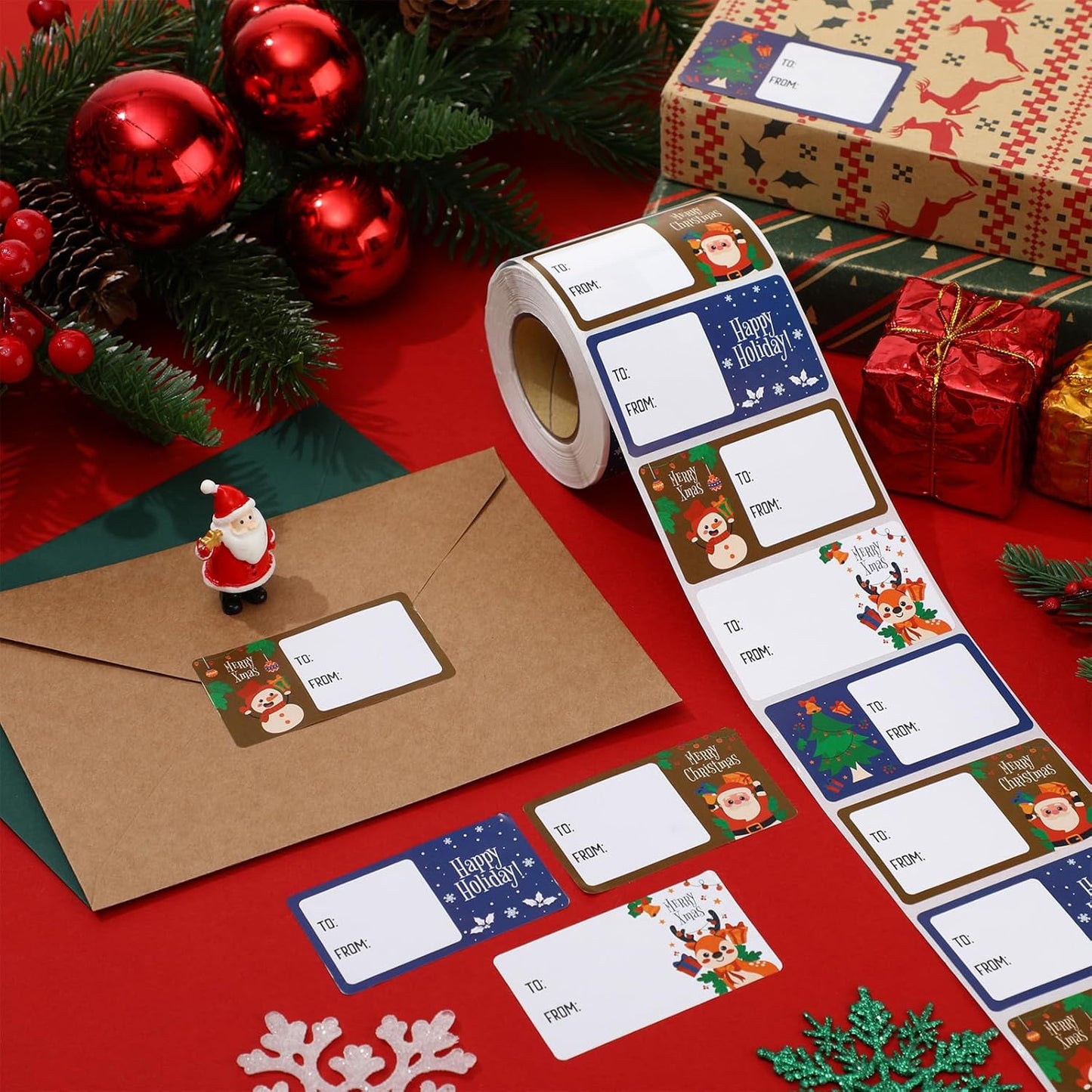 Outus 500 Pieces Christmas Tags Self Adhesive Gift Tags for Xmas Presents Christmas Name Labels Stickers for Wrapping Paper Festival Birthday Holiday Decor(Modern Style,2.76 x 1.57 Inch)