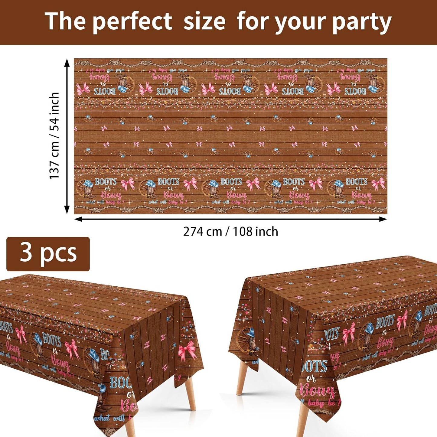 3Pcs Boots or Bows Gender Reveal Tablecloth What Will Baby Be He or She Table Cover Plastic Rectangle Blue or Pink Table Cloth for Western Cowgirl Cowboys Gender Reveal Party Supplies 54" x 108"