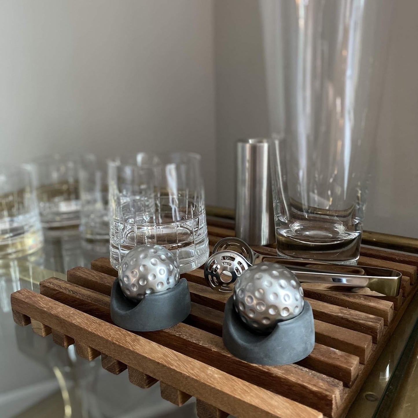 Outset Stainless Steel Whiskey Stone Set, 2 Golf Ball Chillers with Tongs and Storage Bag