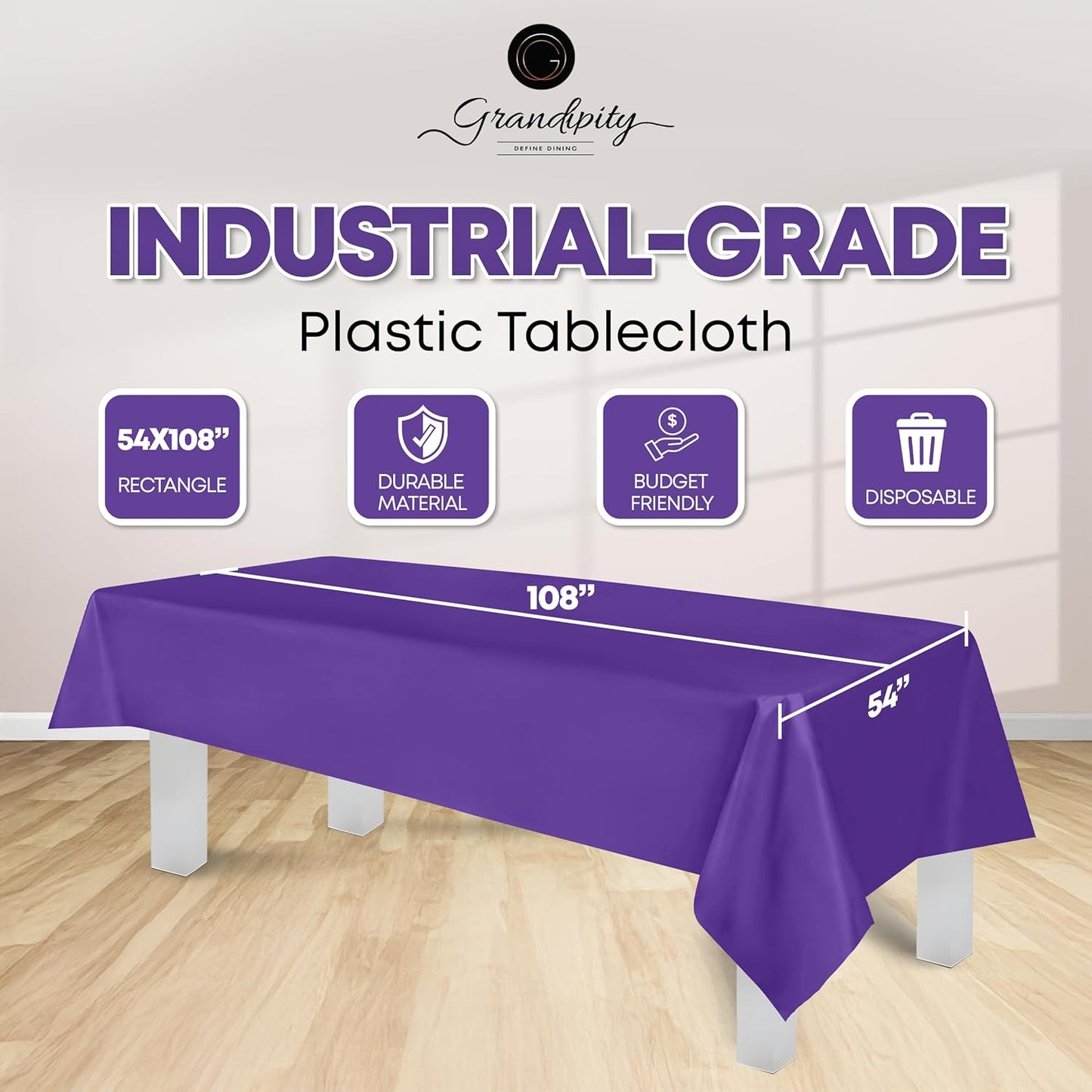Grandipity 12 Pack Premium Disposable Plastic Tablecloth 54 Inch. x 108 Inch. Decorative Rectangle Table Cover - Purple