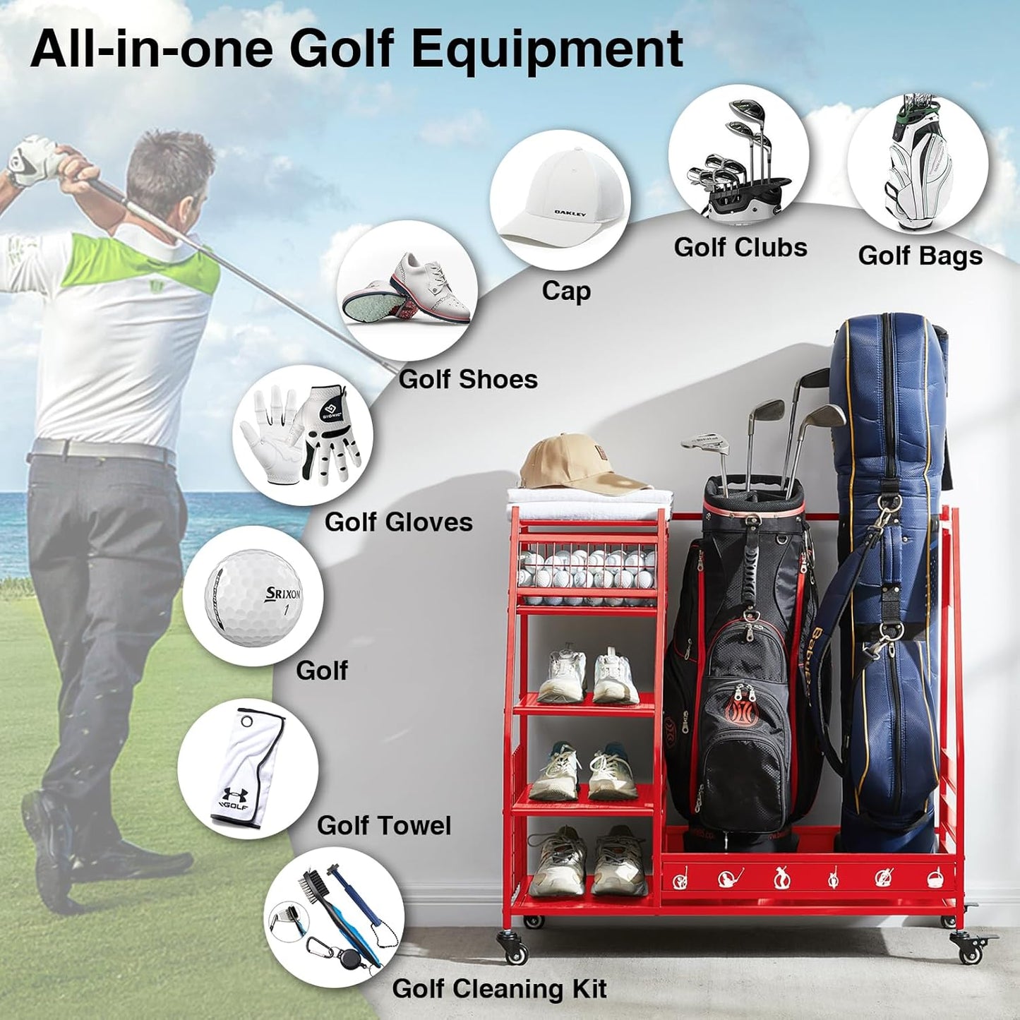 Lauren&Harold Golf Bag Organizer Garage Storage, Golf Storage Rack Stand Fits 2 Golf Bags, Golf Clubs and Other Golfing Equipment Accessories, Golf Organizer for Garage, Club, Shed, Basement