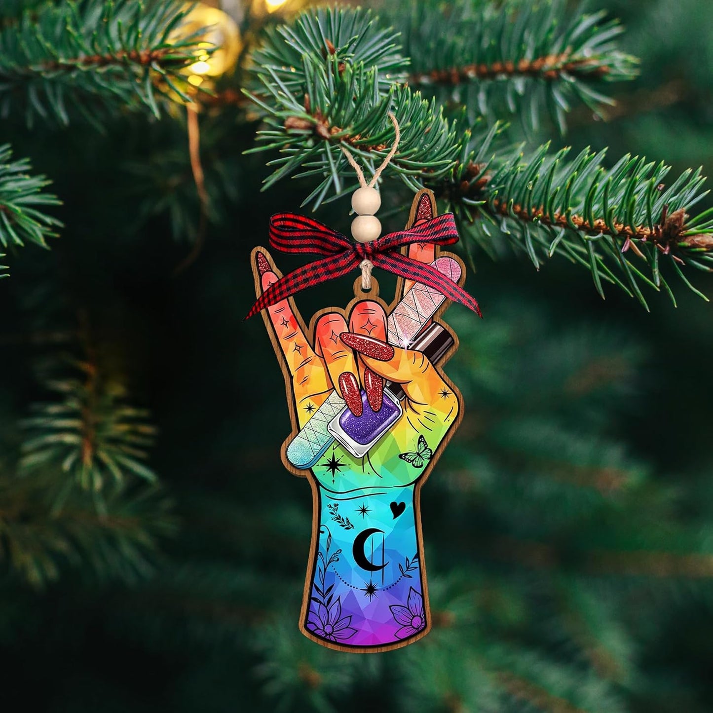 HEXMOZ Nail Tech Christmas Ornament - Nail Tech Gifts for Women - Christmas Ornaments for Nails Artist, Technicians, Lovers, Rock Style Holiday Decorations - Acrylic Wood Ornament for Tree