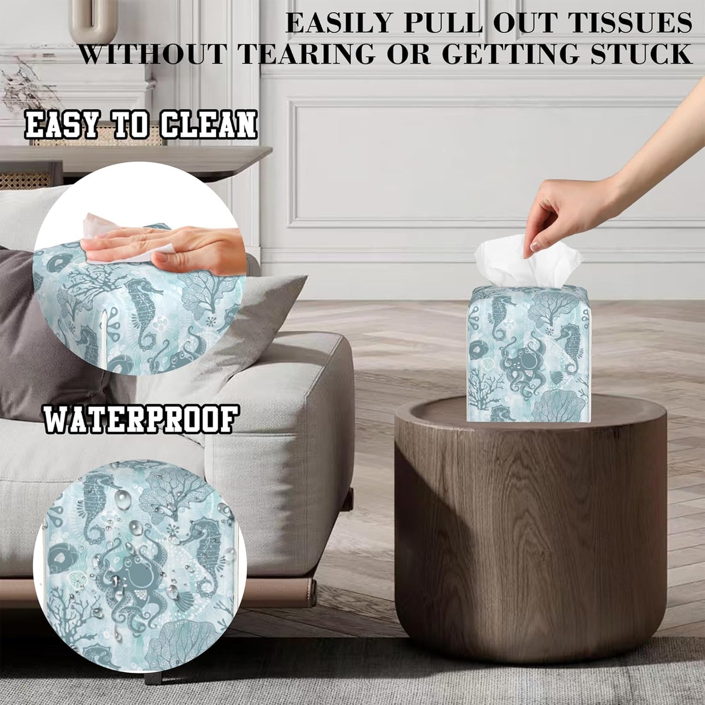 Sea Creatures and Plants Tissue Box Cover Square, Octopus Tissue Box Holder Leather Facial Paper Case Decorative Organizer Holder Dispenser Home Office Car Decor