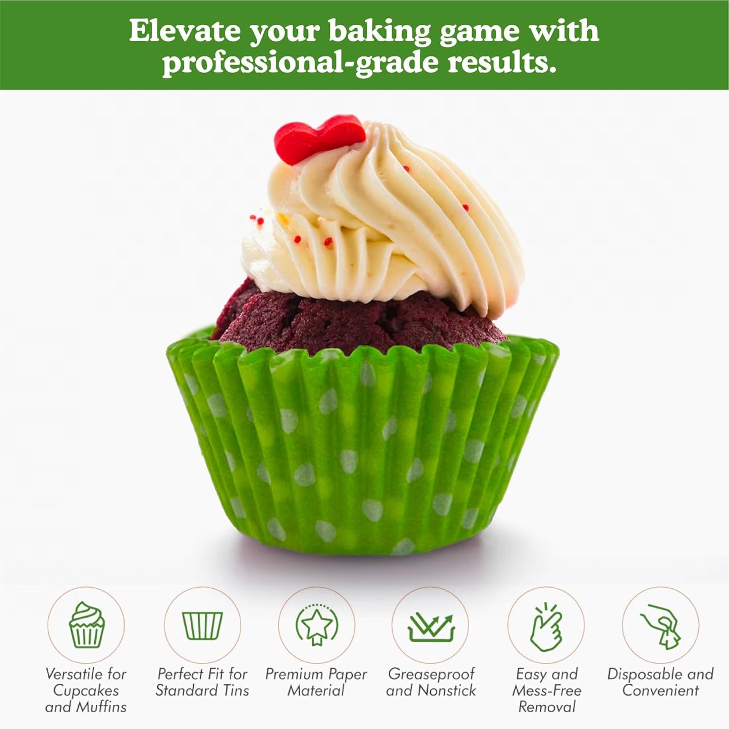 Regency Wraps Greaseproof Professional Grade Baking Cups, Pack of 40, Standard Liners, Lime/White Polka Dots, for Cupcakes, Muffins, Candy, Non Stick