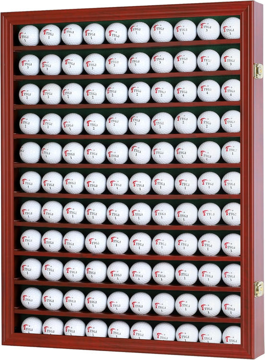 DisplayGifts 110 Golf Ball Display Case Wall Cabinet Holder Shadow Box Acrylic Door UV Protection Cherry Finish