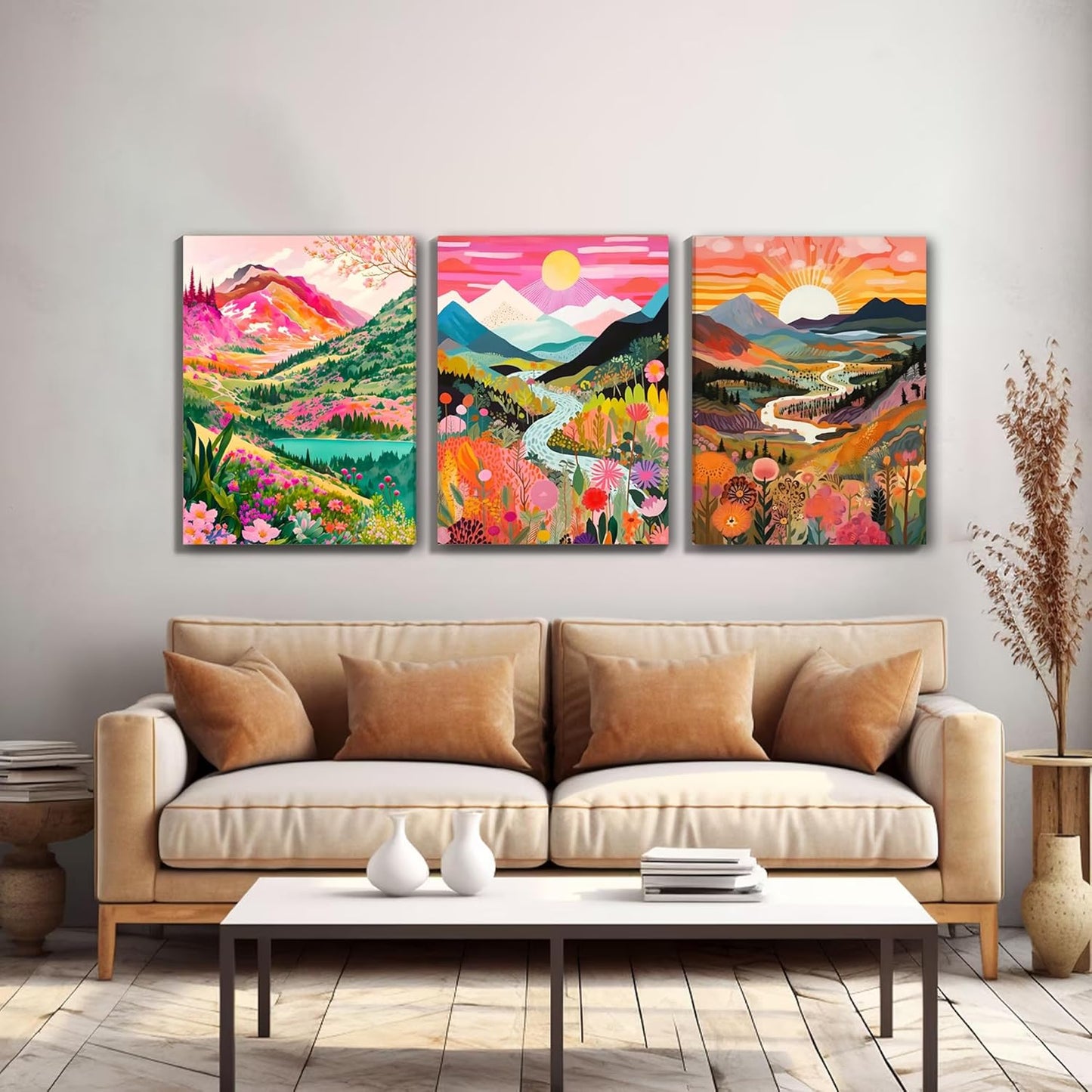 DUWQU 3 piece Colorful Watercolor Mountain Canvas Wall Art Boho Floral Painting Picture Wall Decor Abstract Nature Landscape Poster Print Artwork for Living Room Bedroom Bathroom Office 16x24 Inches