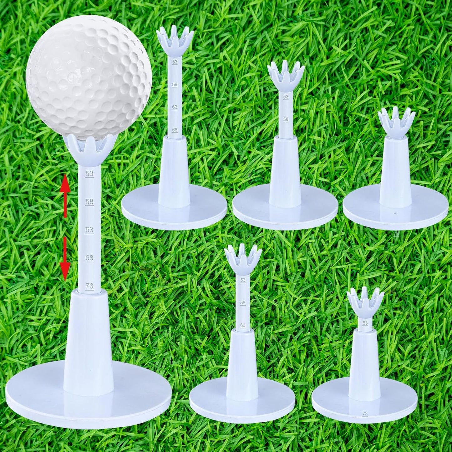 6 Pieces Adjustable Golf Tees Set for Driving Range Mats Simulator 2.1-2.9 Inches Height Range Tees Rubber Plastic Unbreakable Golf Accessories for Indoor Outdoors, White