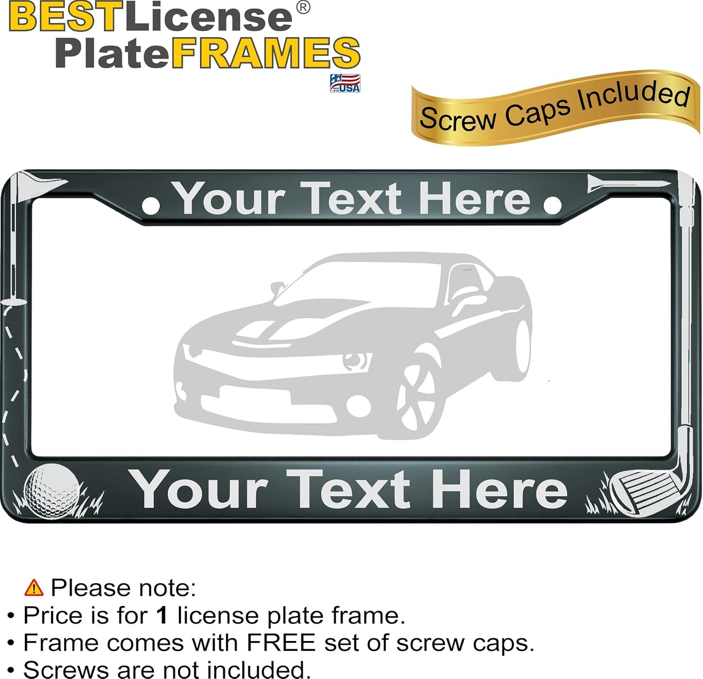 Golf Club and Ball Design with Your Custom Text | Laser Etched Anodized Aluminum Standard Size - CAR/Automobile License Plate Frame & Free caps - Gray (Qty: 1 Frame)