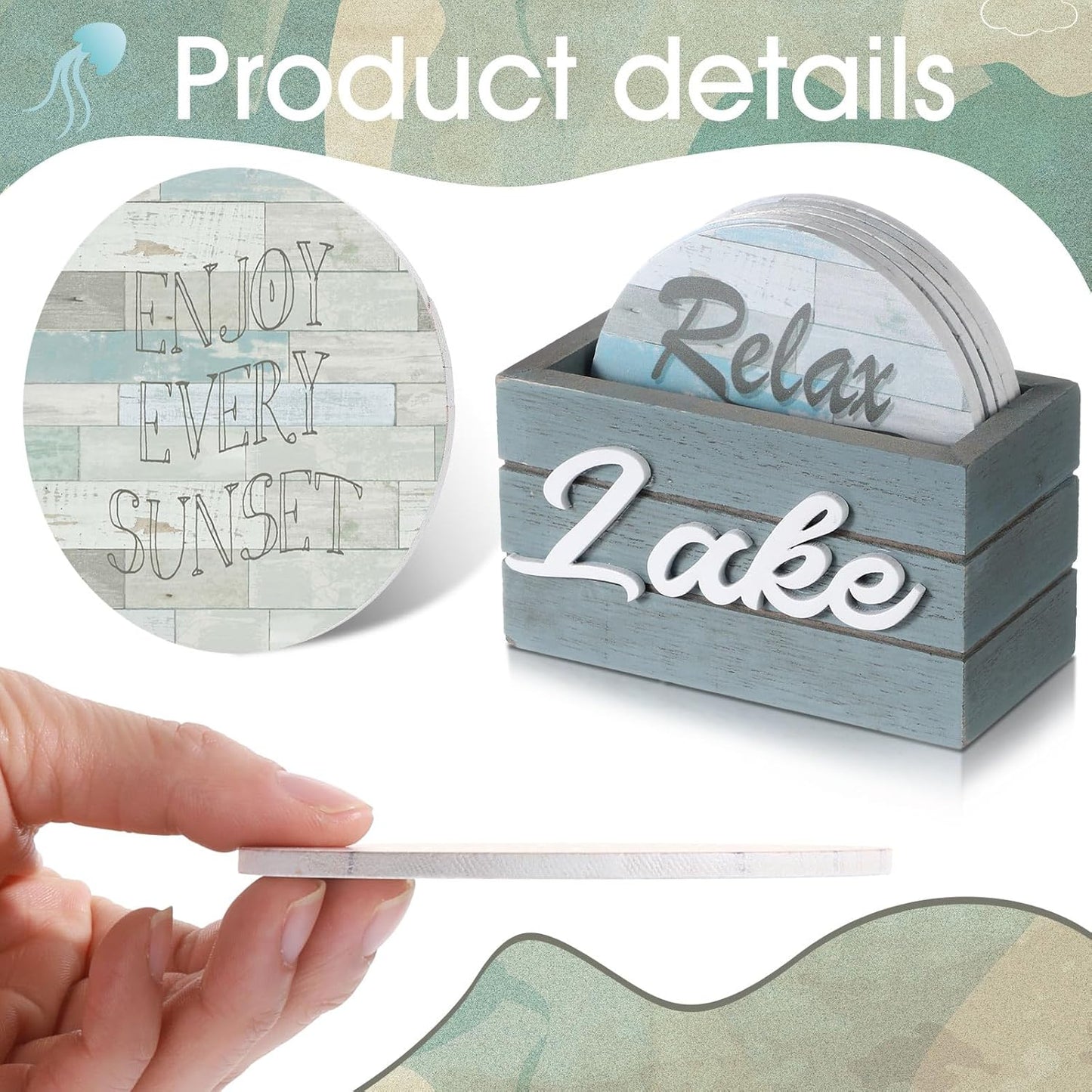 Queekay 6 Set Lake Theme Coasters with Holder for Drinks, Lake Lovers House Gifts, 4'' Wooden Coasters with Sayings Housewarming Gifts for Home Bar Coffee Table Decorations(Stylish Color)